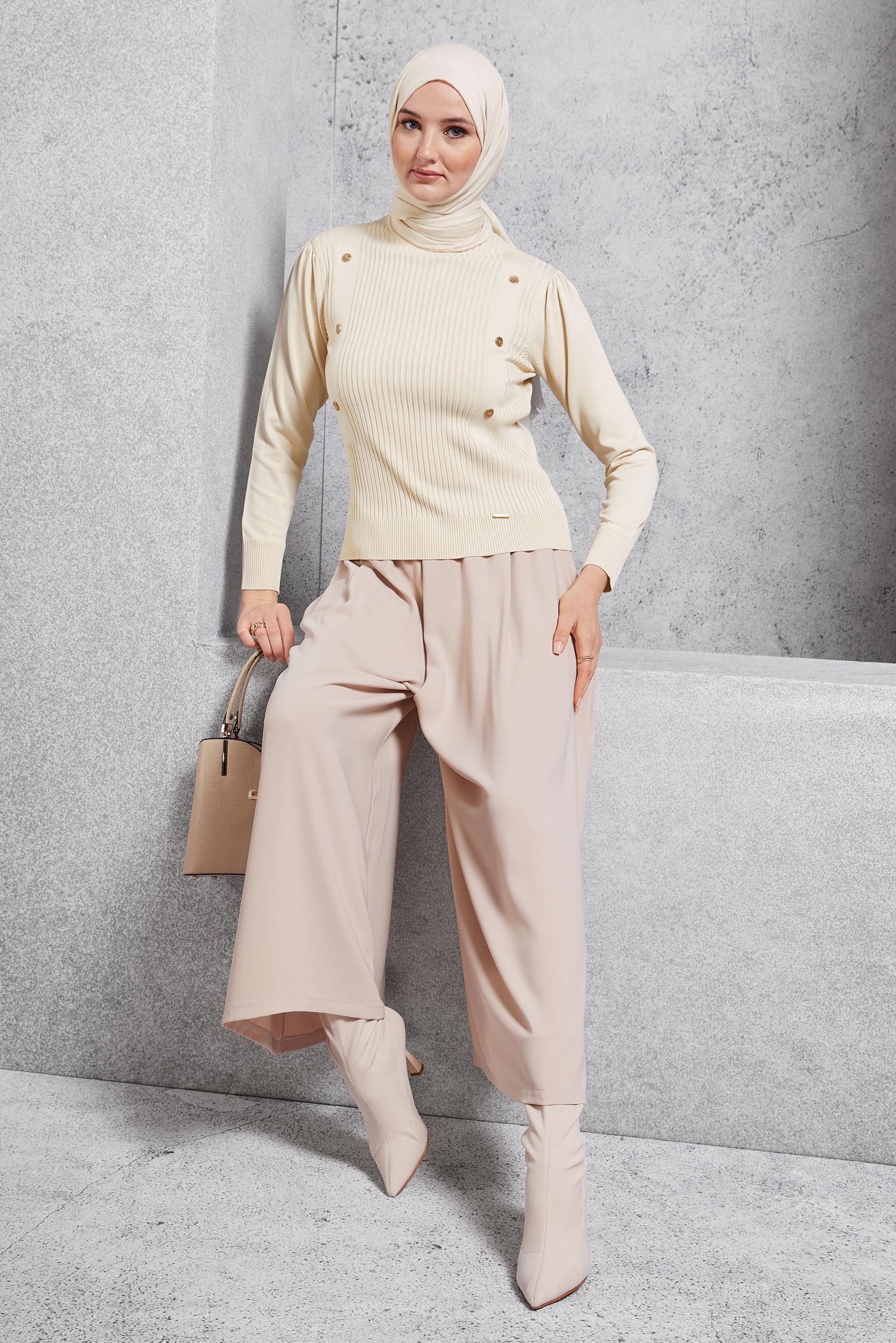 Vêtements hijab BEIGE PANTALON À TAILLE ÉLASTIQUE 70795