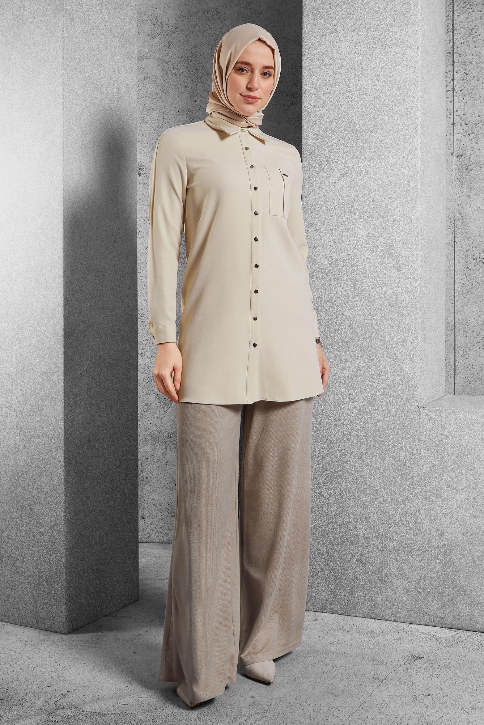 Vêtements hijab BEIGE PANTALON À TAILLE ÉLASTIQUE 70796