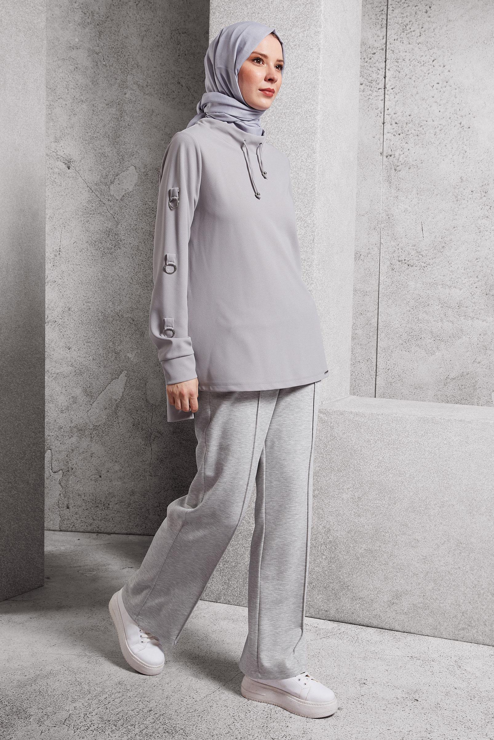 Tesettür giyim GRİ BELİ LASTİKLİ PANTOLON 70801