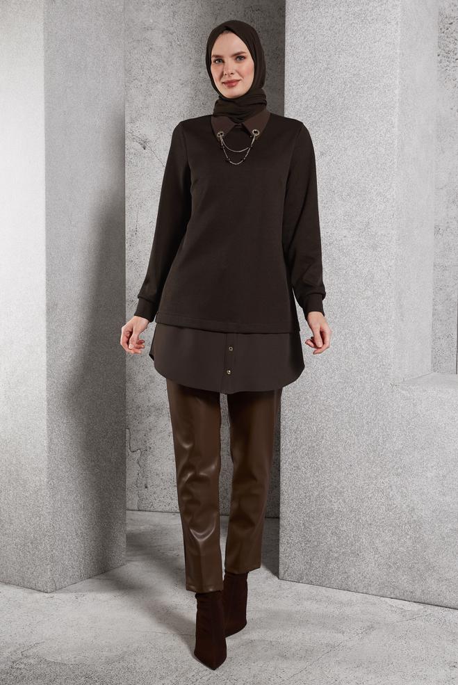 Vêtements hijab BRUN PANTALON EN SIMILI CUIR 70811 - ALVİNA