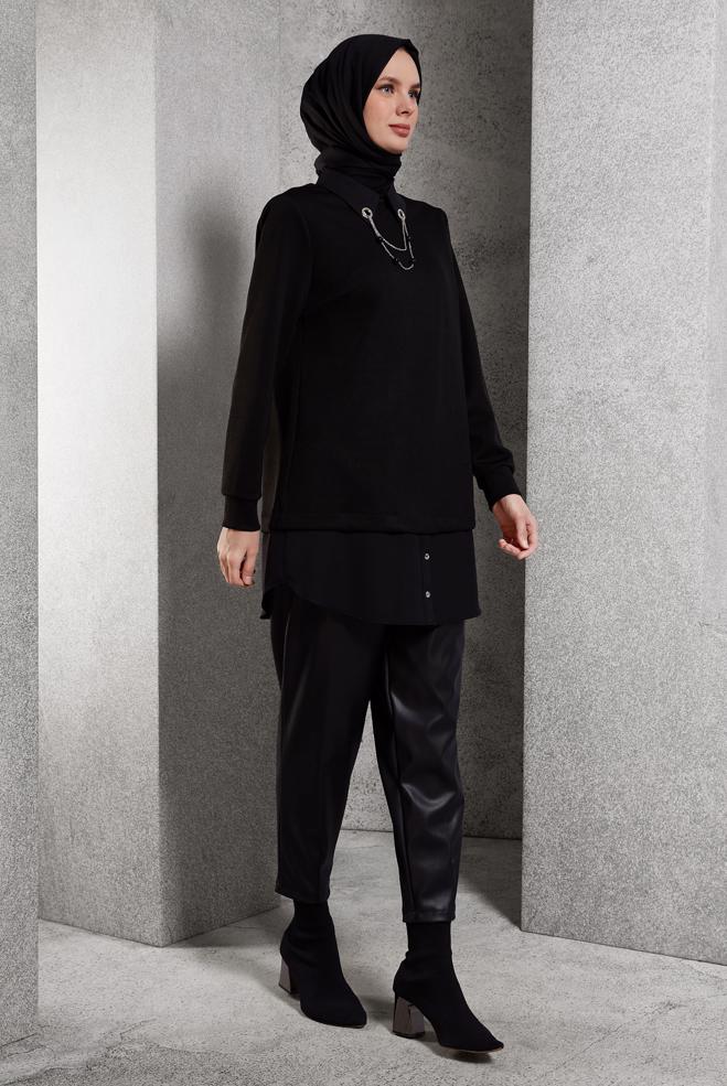 Vêtements hijab NOIR PANTALON EN SIMILI CUIR COUPE CAROTTE 70815 - ALVİNA