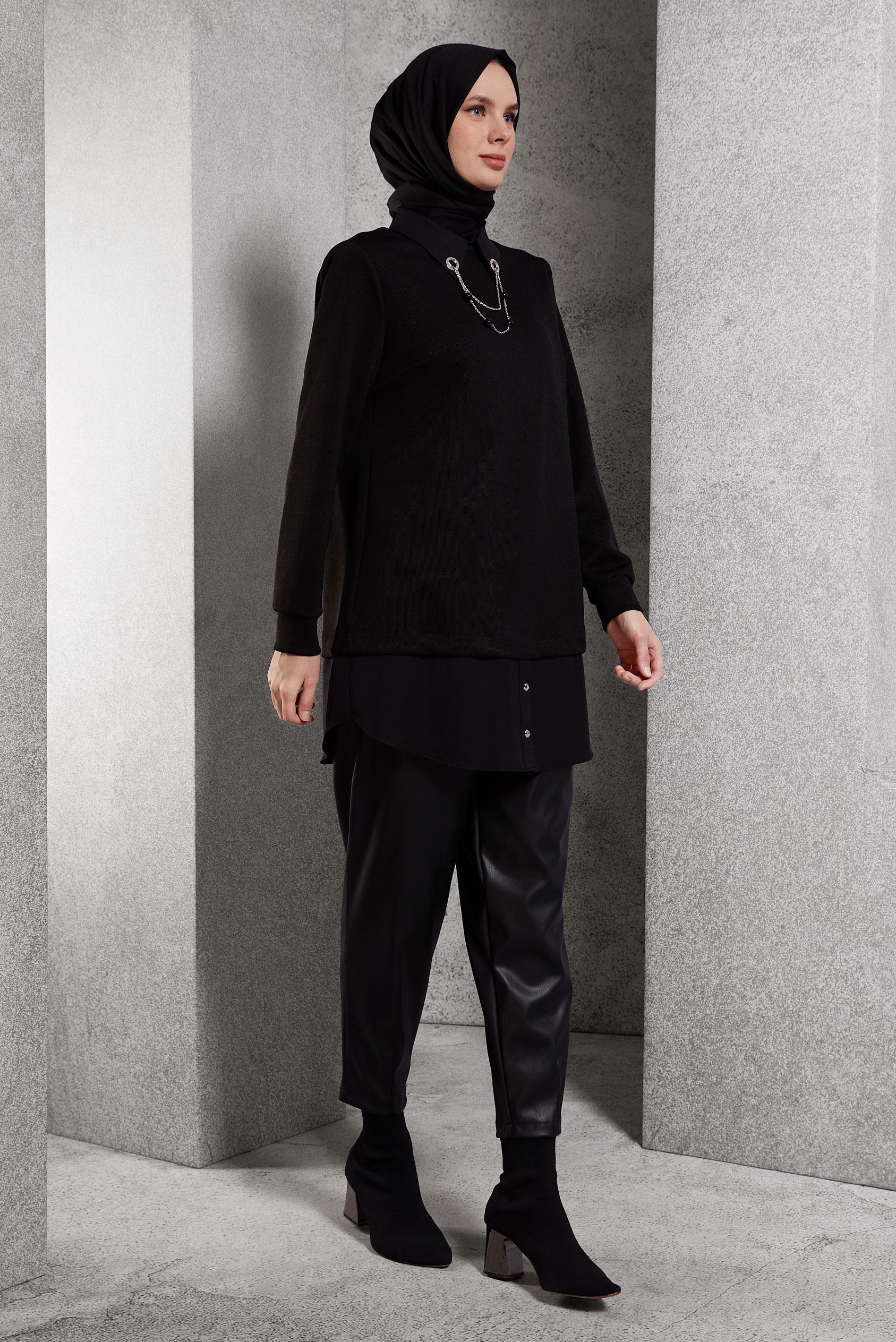 Vêtements hijab NOIR PANTALON EN SIMILI CUIR COUPE CAROTTE 70815