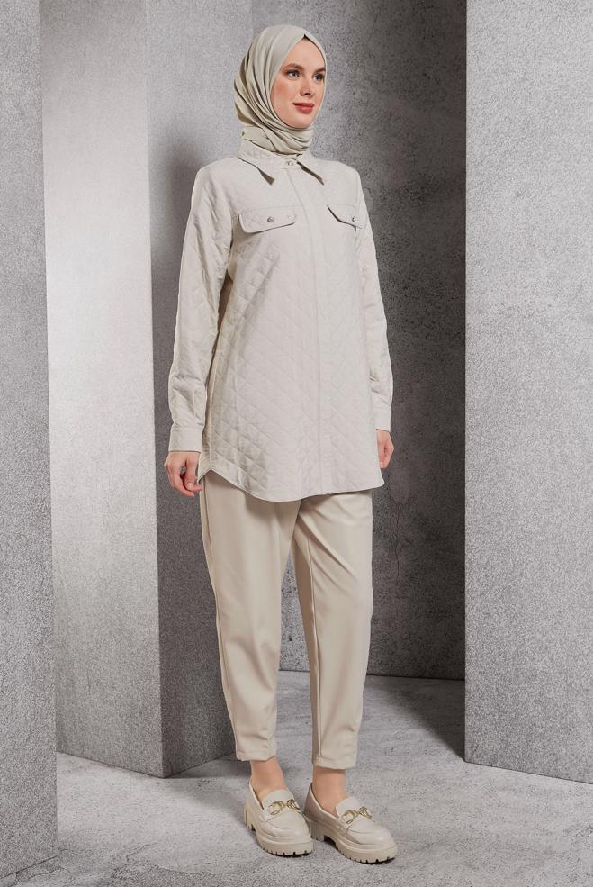Vêtements hijab BEIGE PANTALON EN SIMILI CUIR COUPE CAROTTE 70815 - ALVİNA