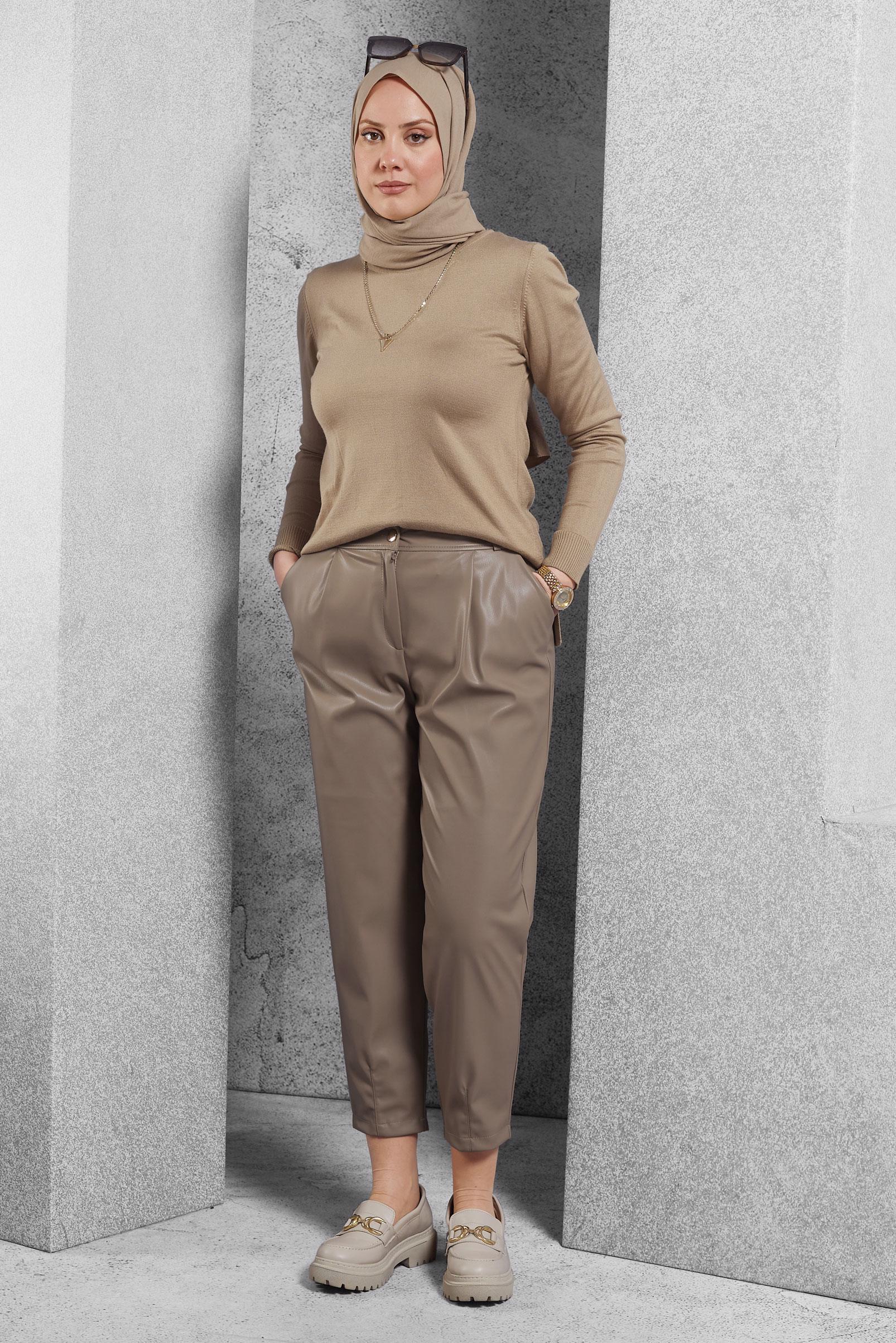 Vêtements hijab BEIGE PANTALON EN SIMILI CUIR COUPE CAROTTE 70815