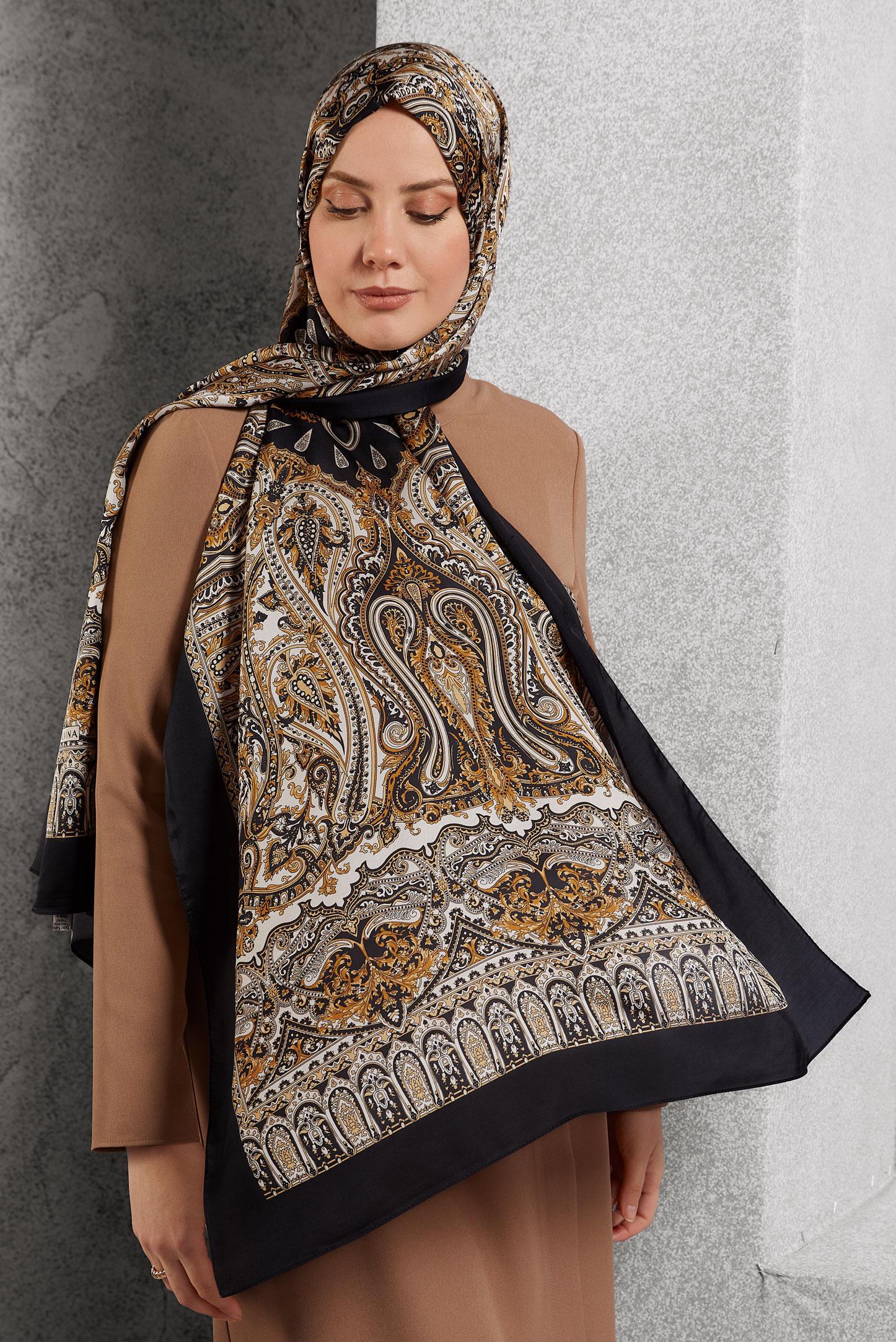 Tesettür giyim SİYAH ALVİNA ETNİK DESENLİ ŞAL 8509