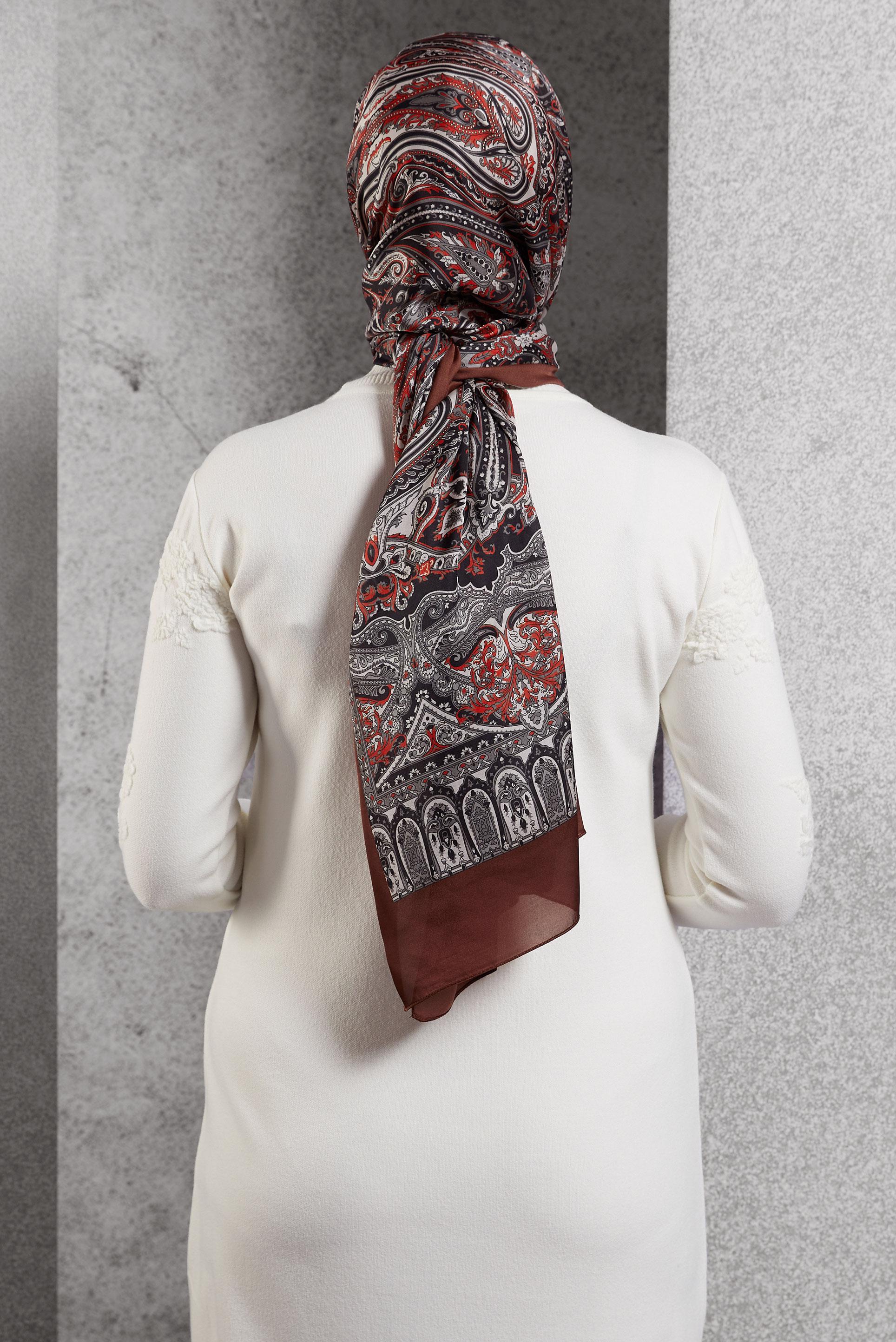 Tesettür giyim KIRMIZI ALVİNA ETNİK DESENLİ ŞAL 8509