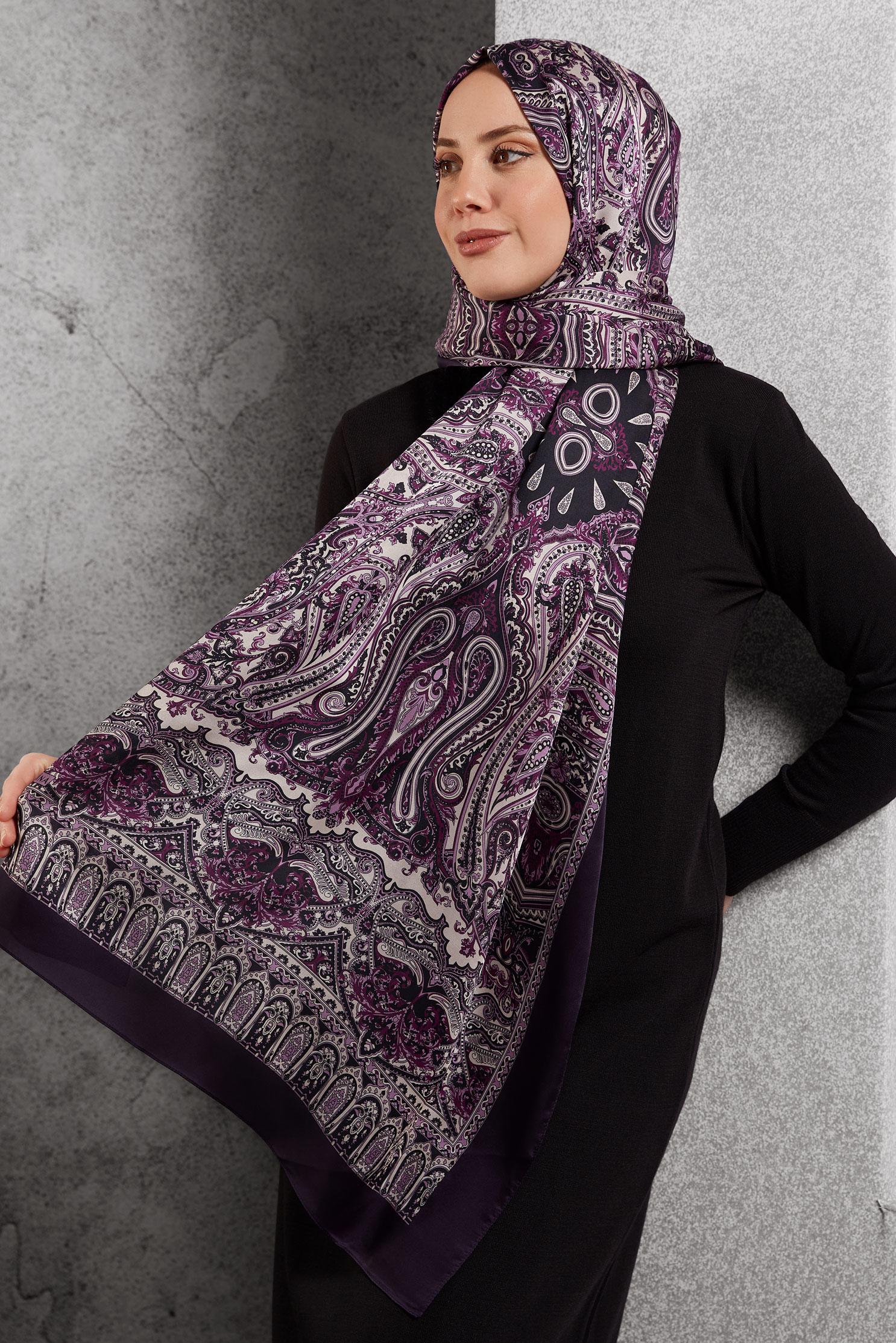 Tesettür giyim MOR ALVİNA ETNİK DESENLİ ŞAL 8509
