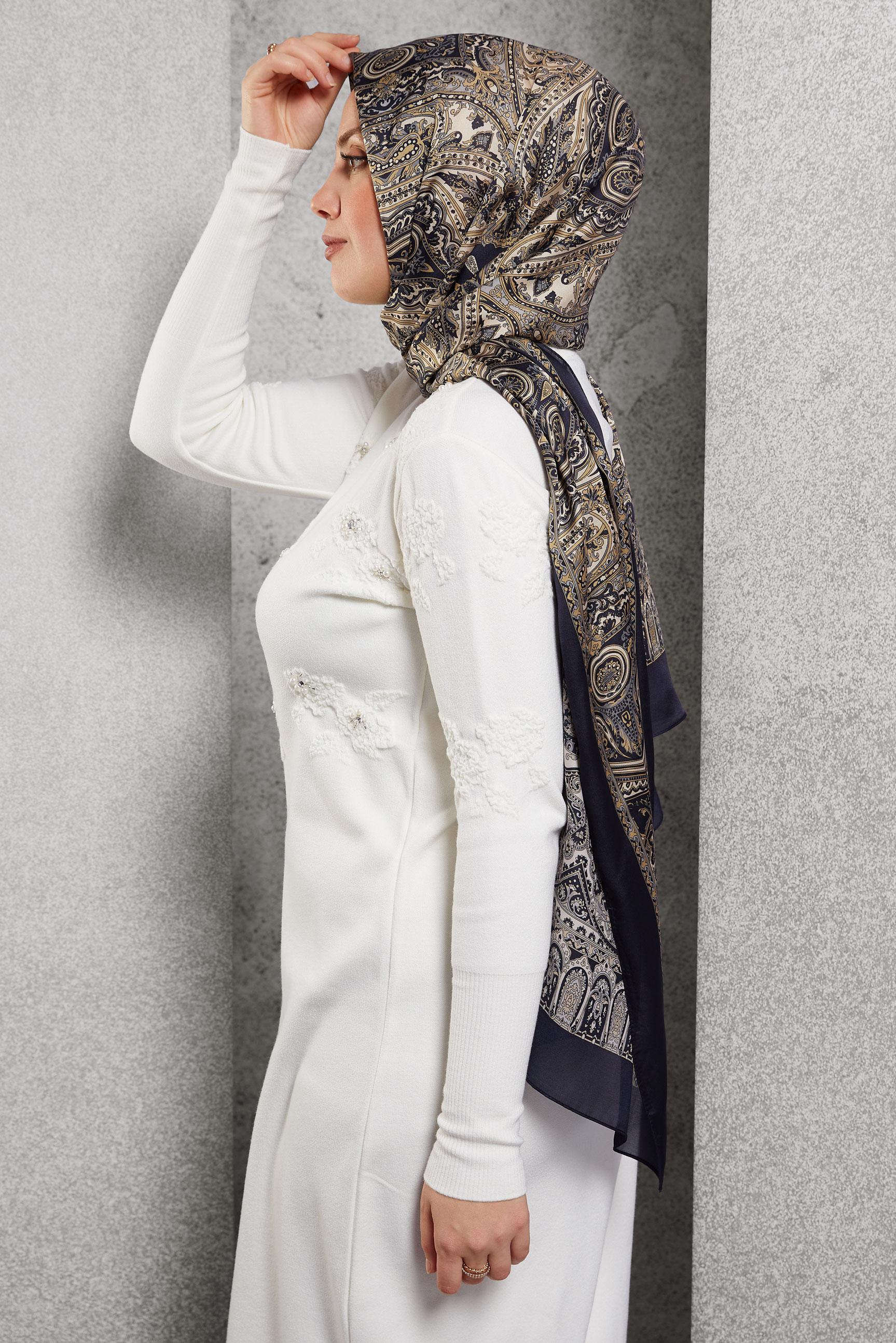 Tesettür giyim KAHVE ALVİNA ETNİK DESENLİ ŞAL 8509