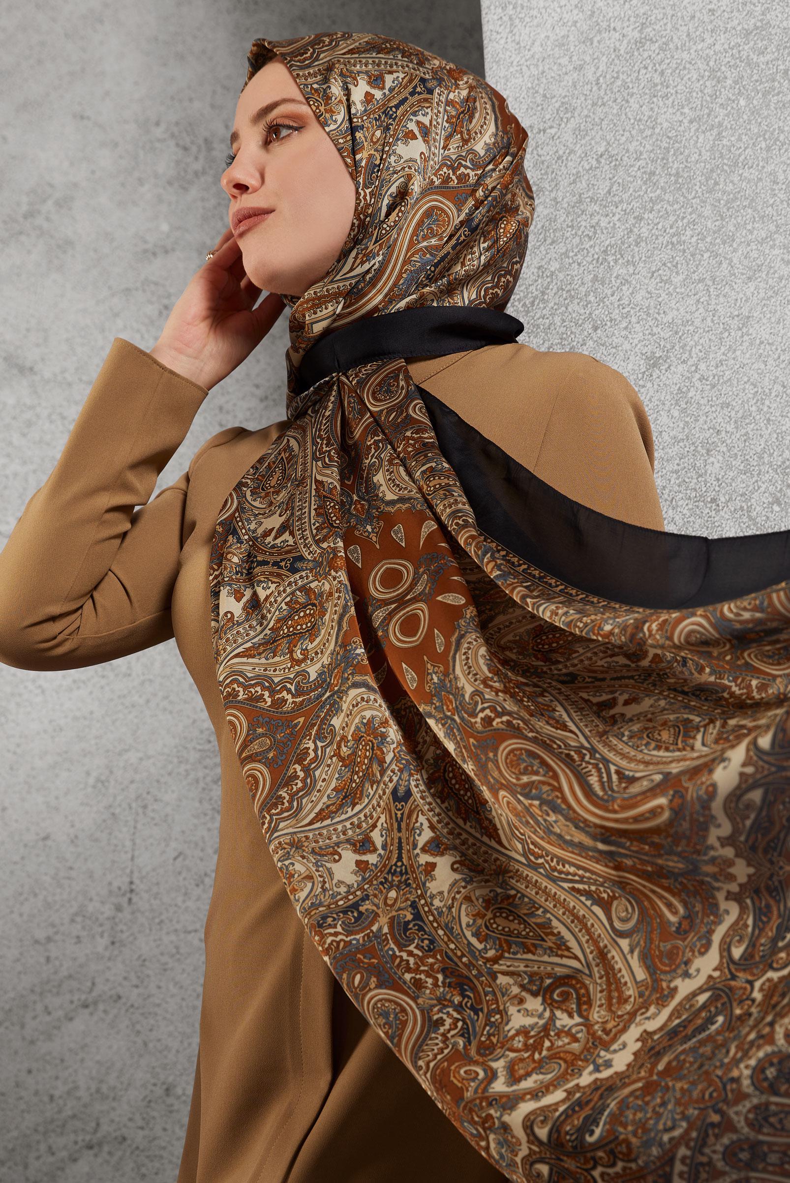 Tesettür giyim KAHVE ALVİNA ETNİK DESENLİ ŞAL 8509