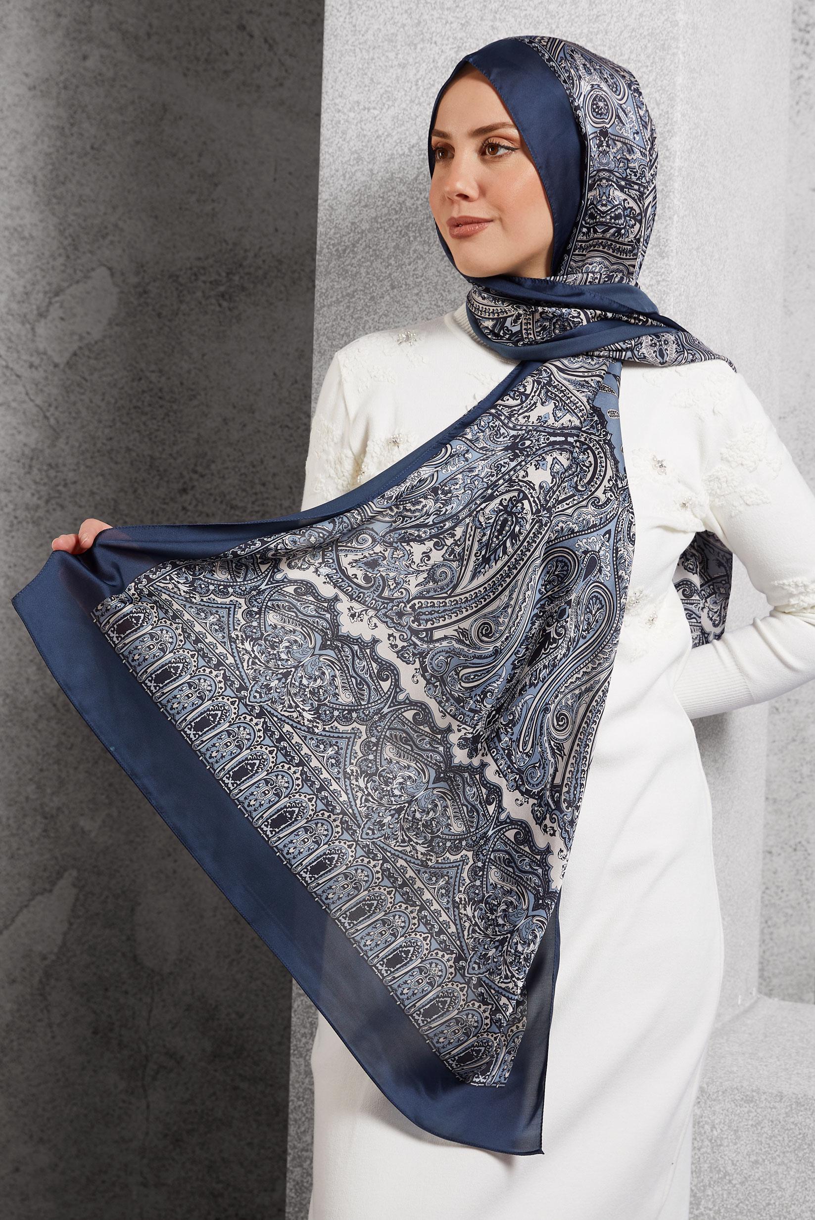 Tesettür giyim LACİVERT ALVİNA ETNİK DESENLİ ŞAL 8509