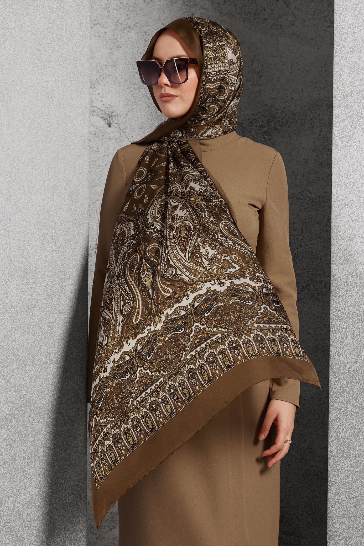 Tesettür giyim KAHVE ALVİNA ETNİK DESENLİ ŞAL 8509
