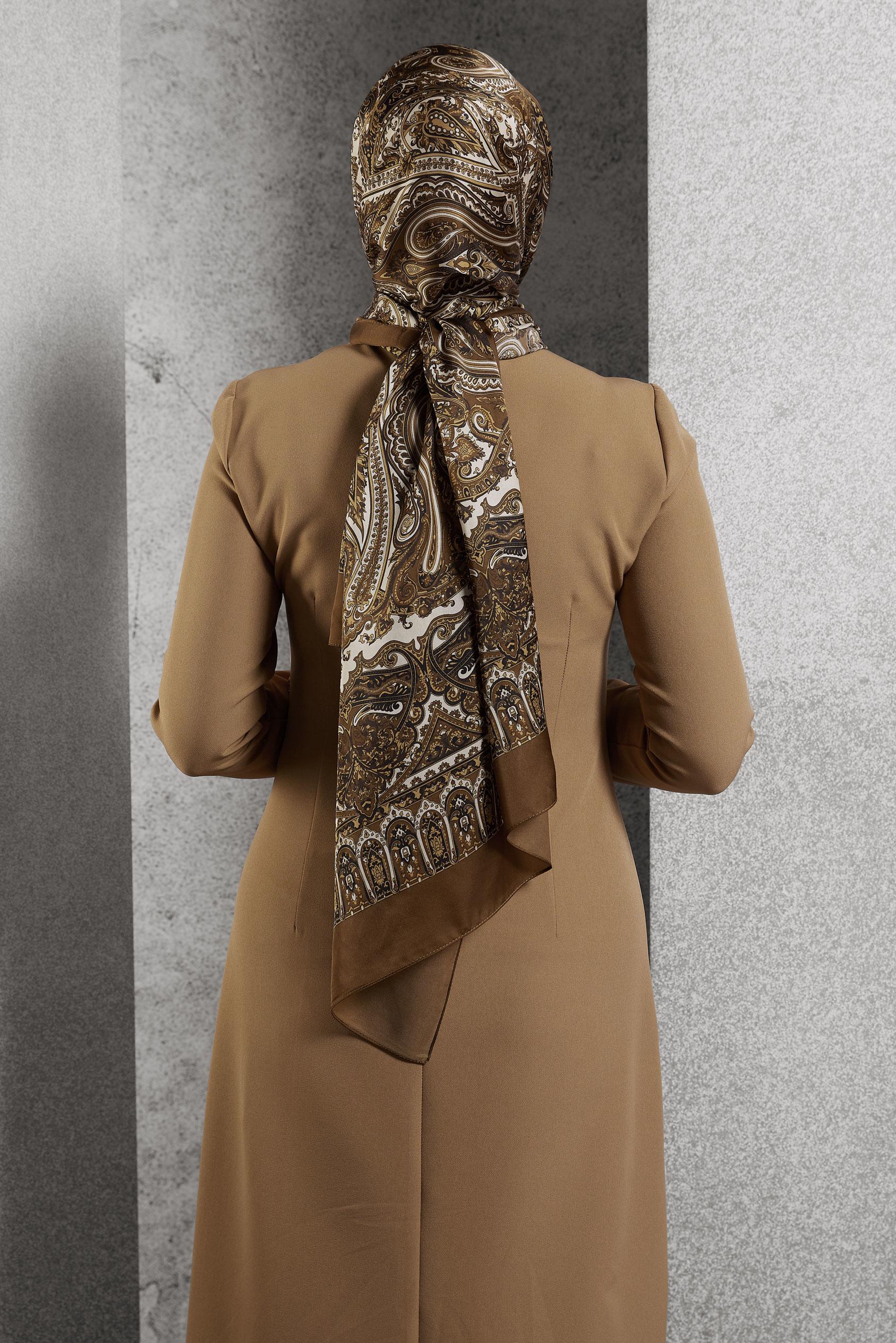 Tesettür giyim KAHVE ALVİNA ETNİK DESENLİ ŞAL 8509