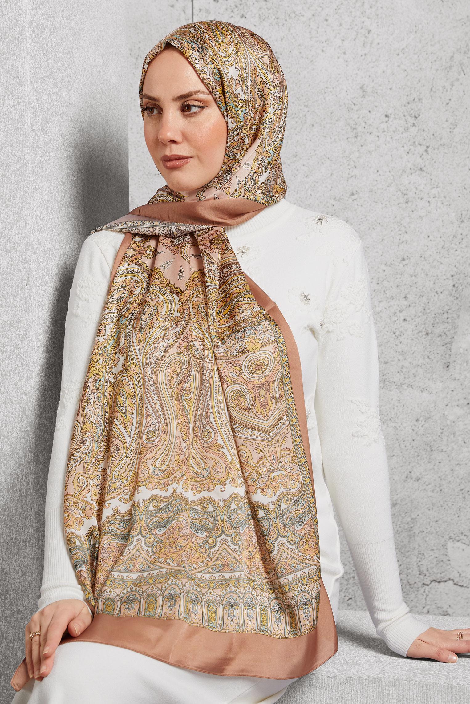 Tesettür giyim TABA ALVİNA ETNİK DESENLİ ŞAL 8509