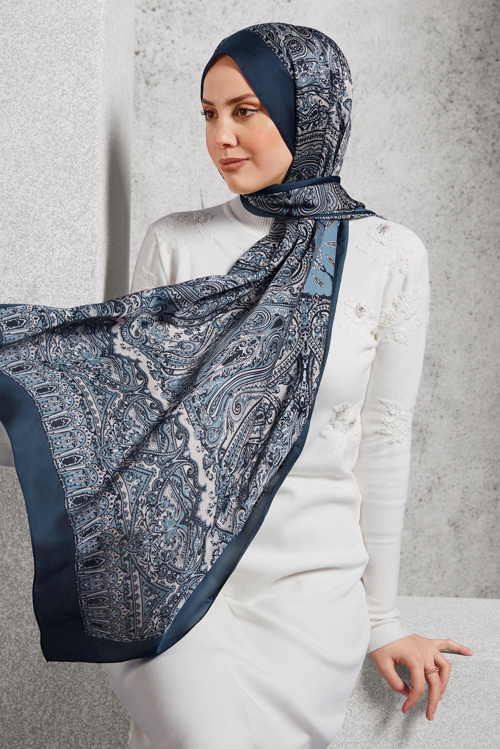 Tesettür giyim LACİVERT ALVİNA ETNİK DESENLİ ŞAL 8509