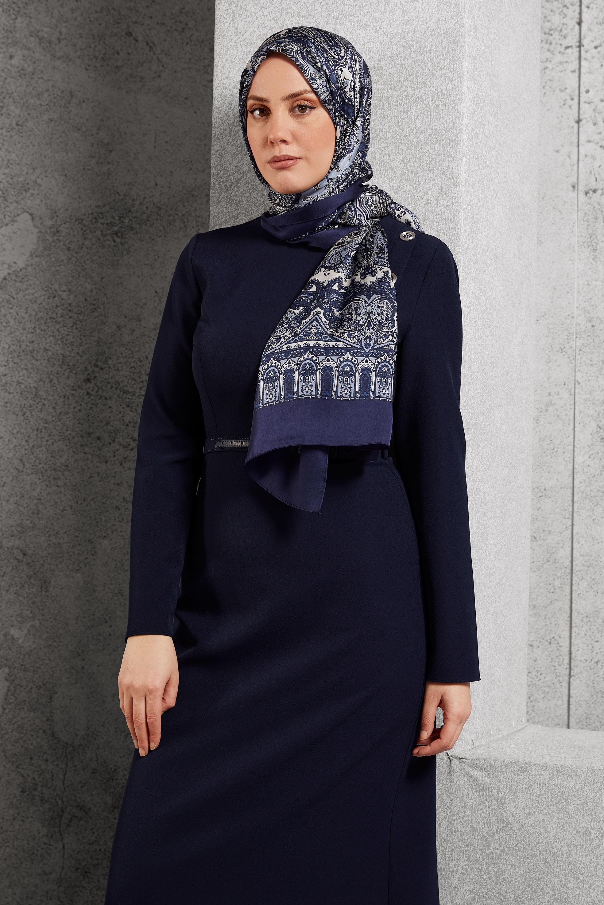 Tesettür giyim LACİVERT ALVİNA ETNİK DESENLİ ŞAL 8509