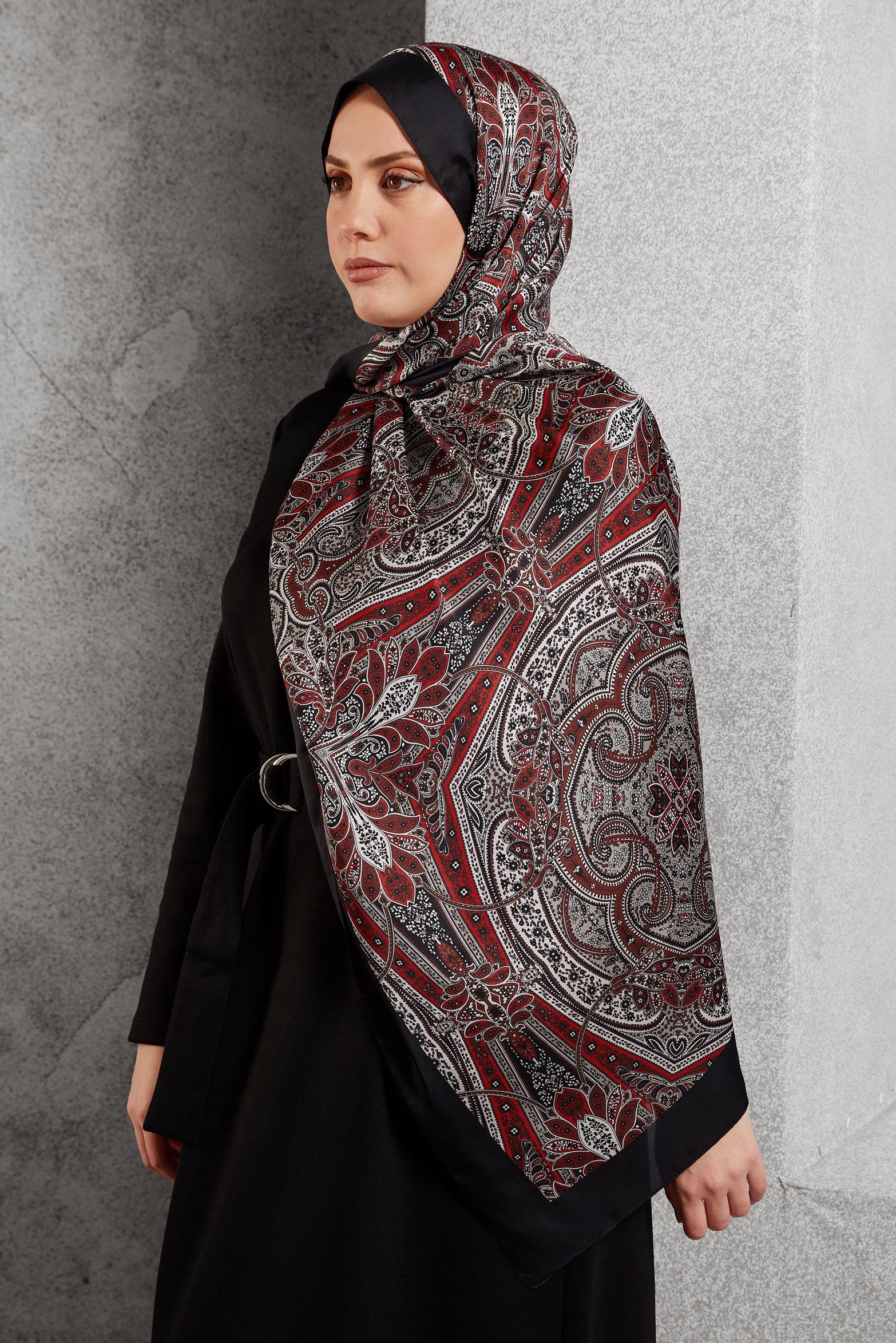 Tesettür giyim KIRMIZI ALVİNA ETNİK DESENLİ ŞAL 8510