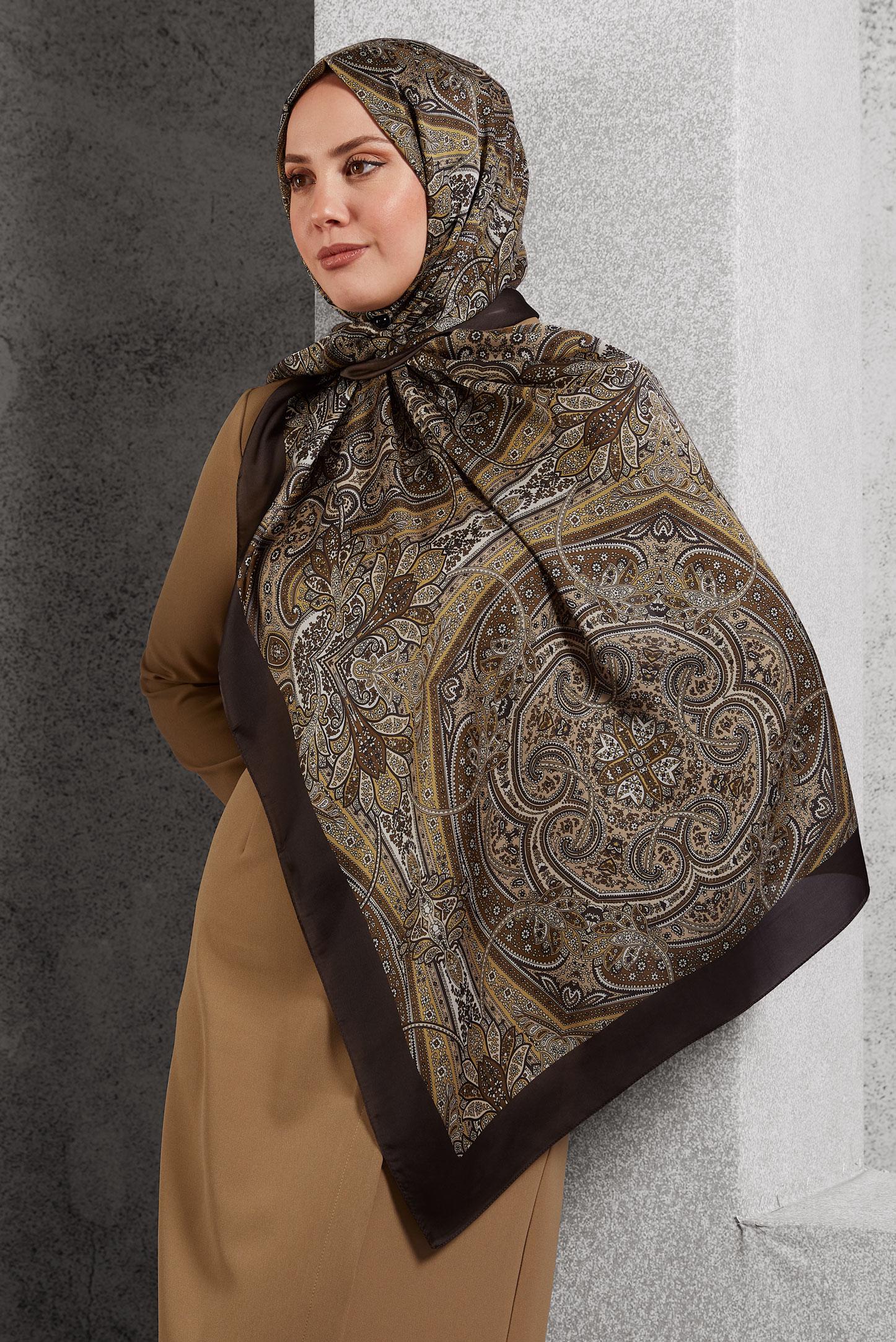 Tesettür giyim KAHVE ALVİNA ETNİK DESENLİ ŞAL 8510