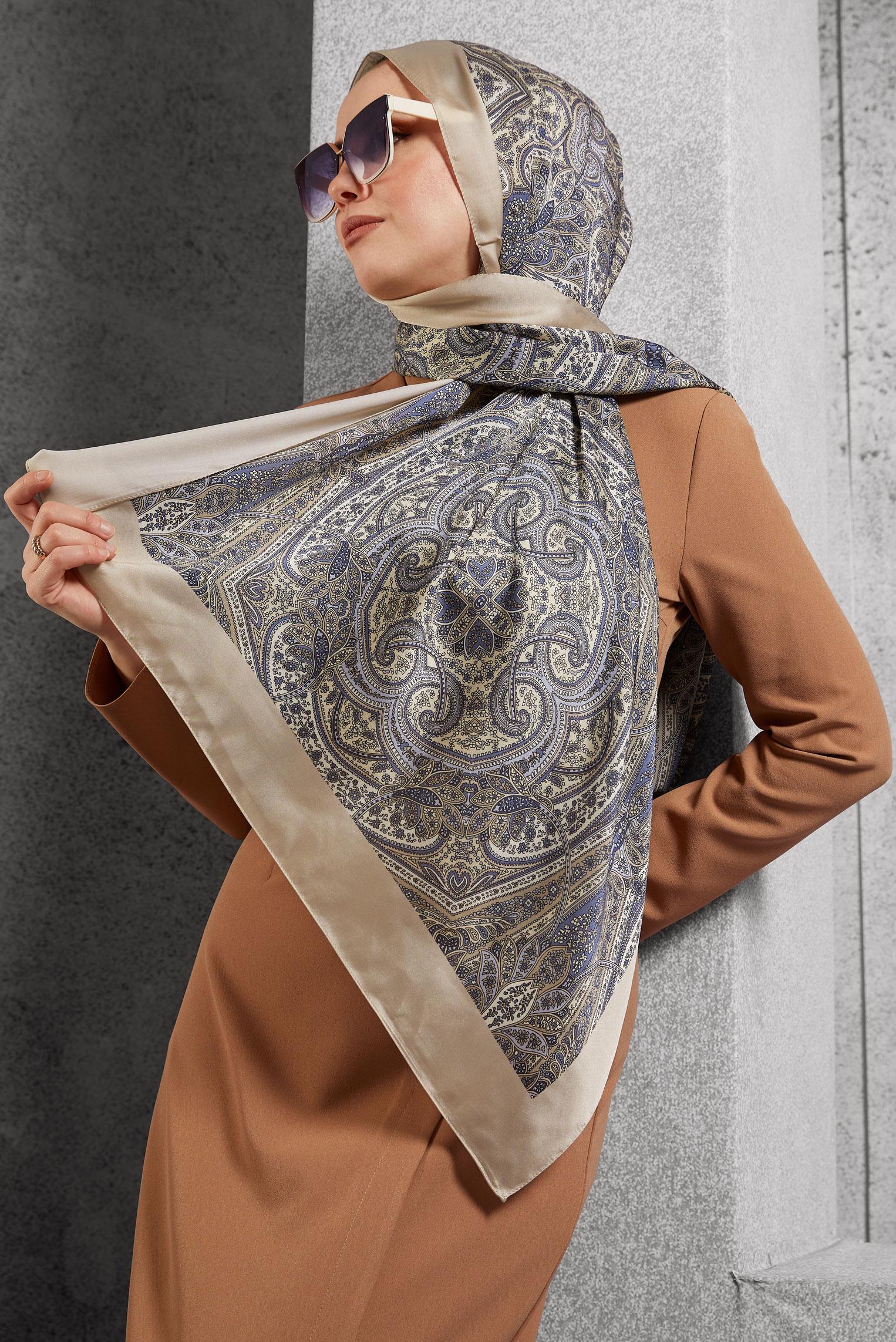 Tesettür giyim PUDRA ALVİNA ETNİK DESENLİ ŞAL 8510