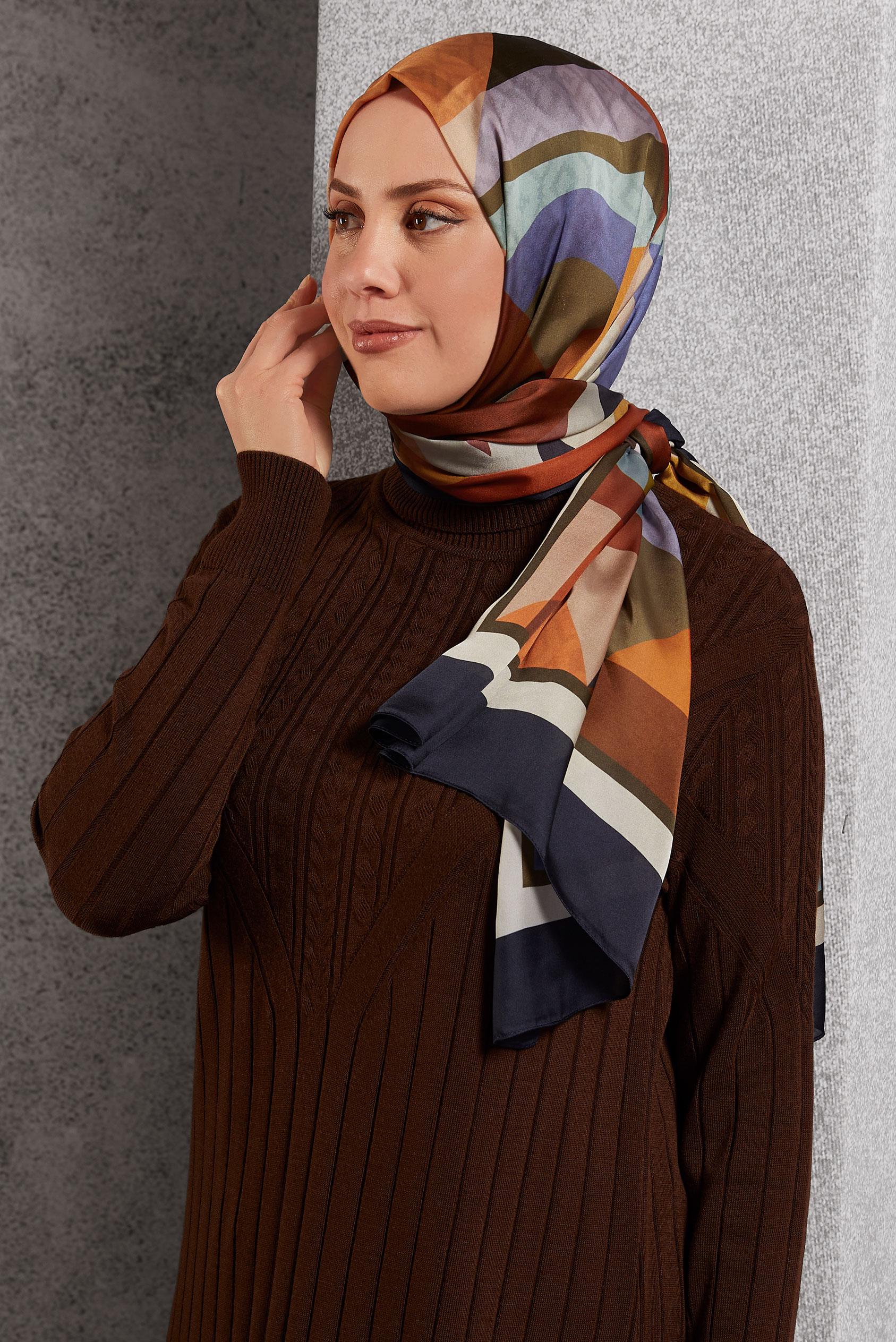 Tesettür giyim TURUNCU ALVİNA GEOMETRİK DESEN ŞAL 8513