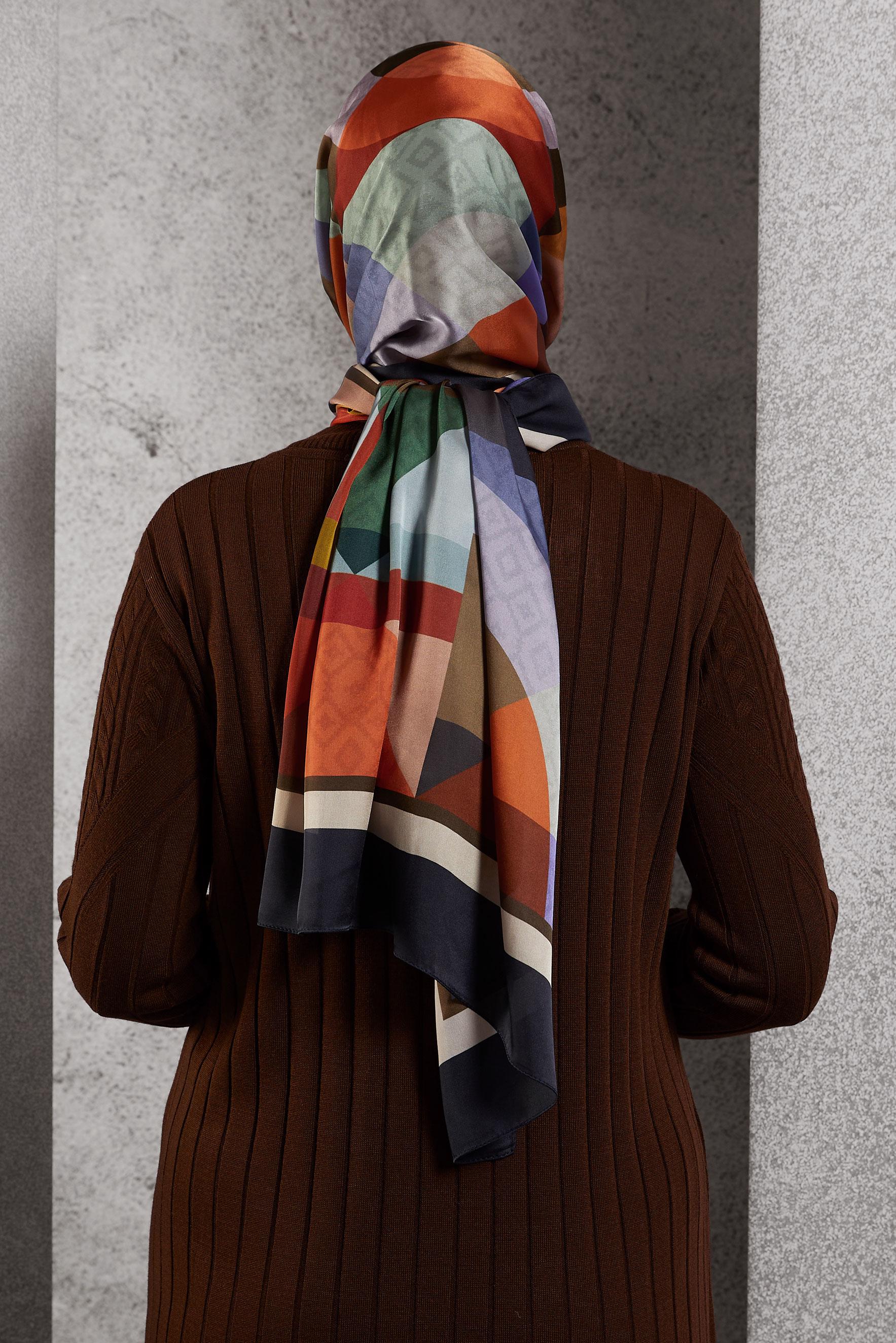 Tesettür giyim TURUNCU ALVİNA GEOMETRİK DESEN ŞAL 8513