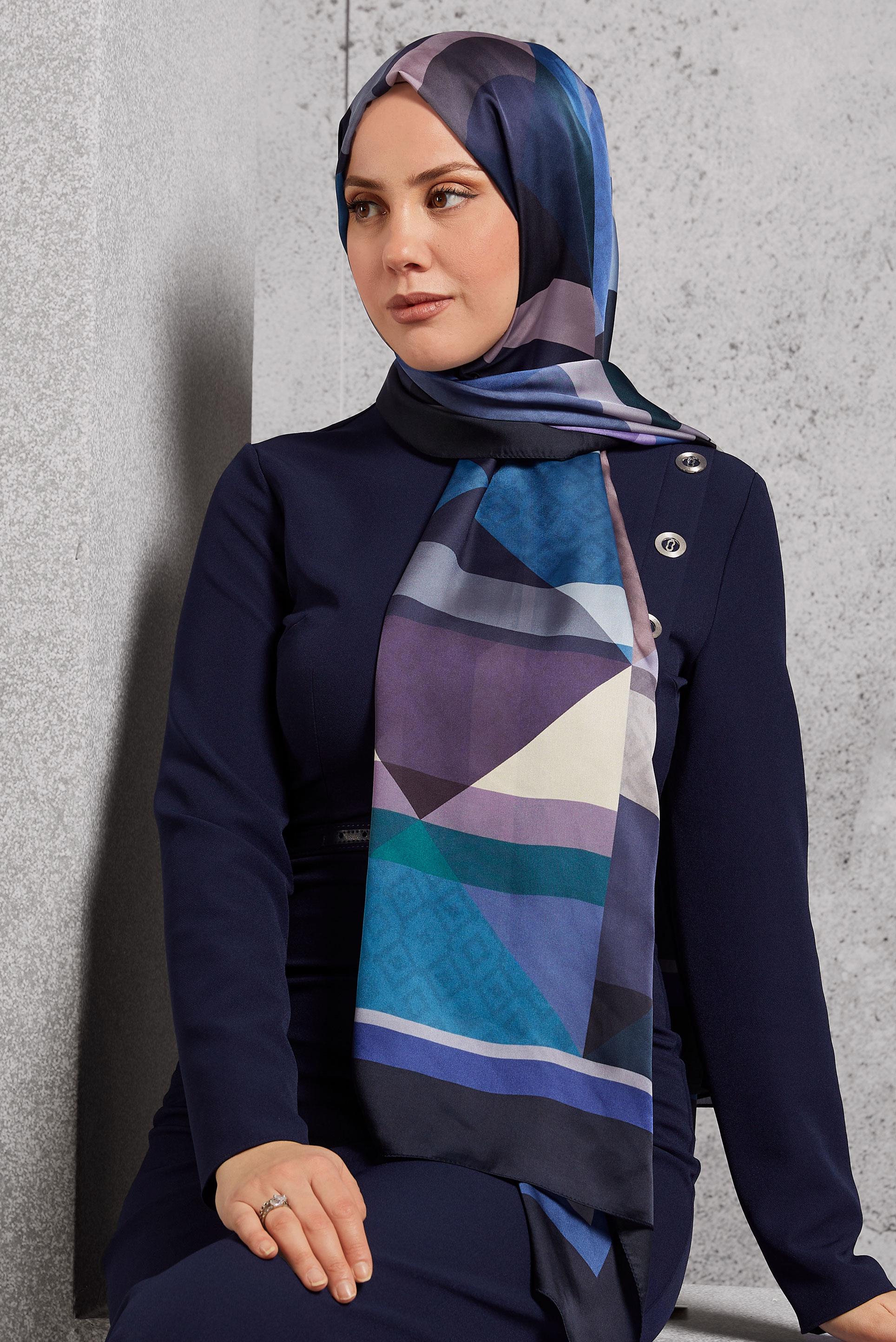 Tesettür giyim LACİVERT ALVİNA GEOMETRİK DESEN ŞAL 8513