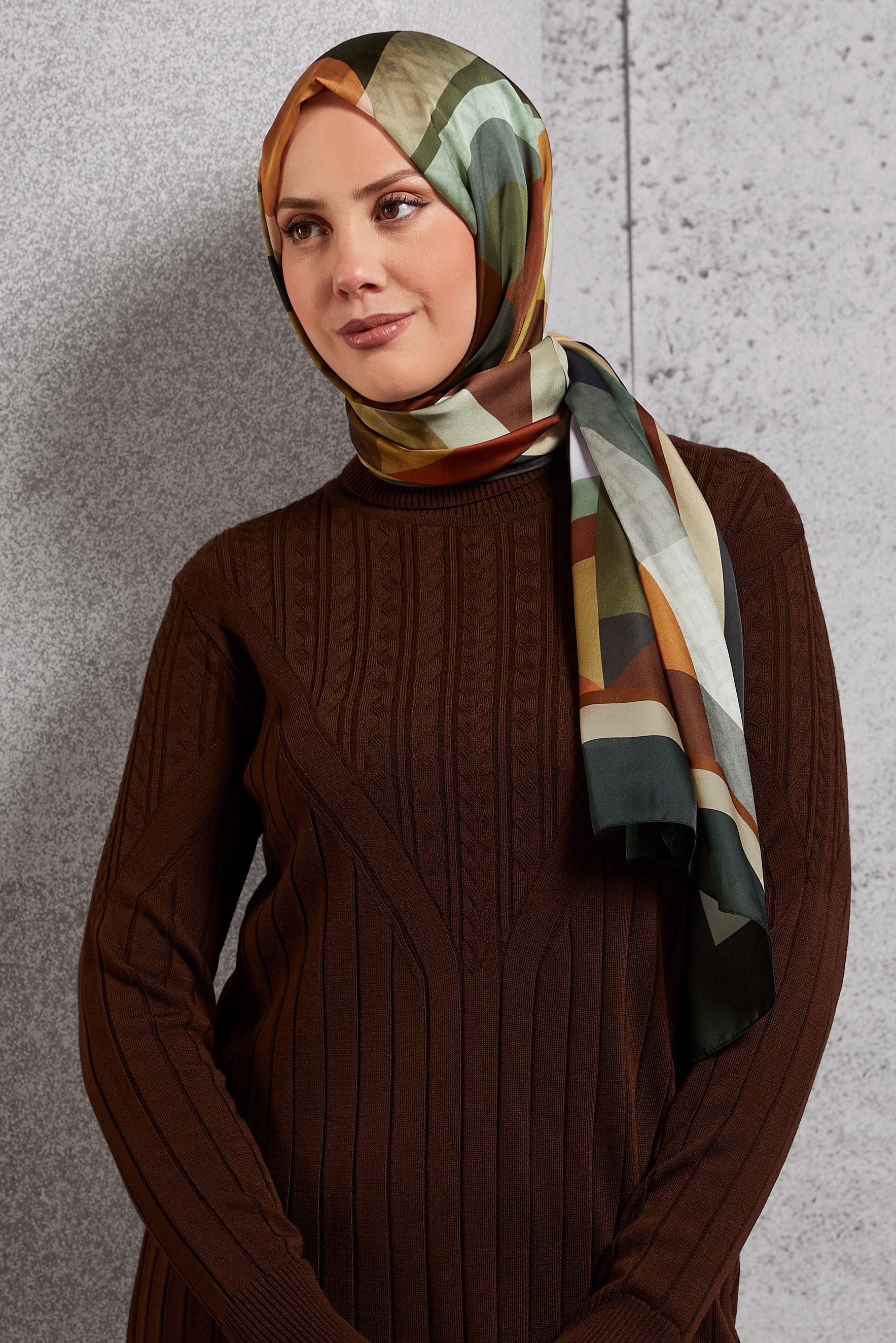 Tesettür giyim YEŞİL ALVİNA GEOMETRİK DESEN ŞAL 8513