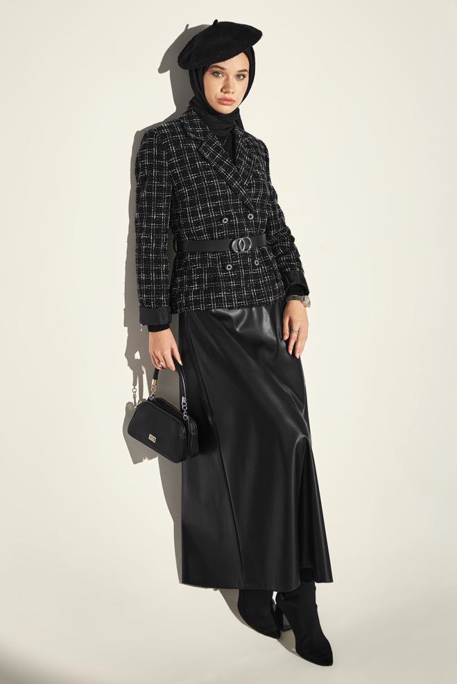 Vêtements hijab NOIR COSTUME À JUPE CEINTURÉE 30505 - ALVİNA