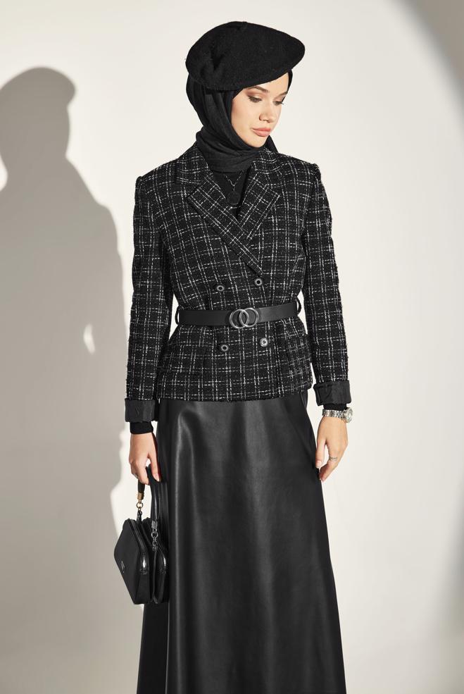 Vêtements hijab NOIR COSTUME À JUPE CEINTURÉE 30505 - ALVİNA