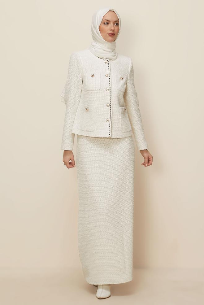 Tesettür giyim BEYAZ DÜĞMELİ ETEKLİ TAKIM 30506 - ALVİNA