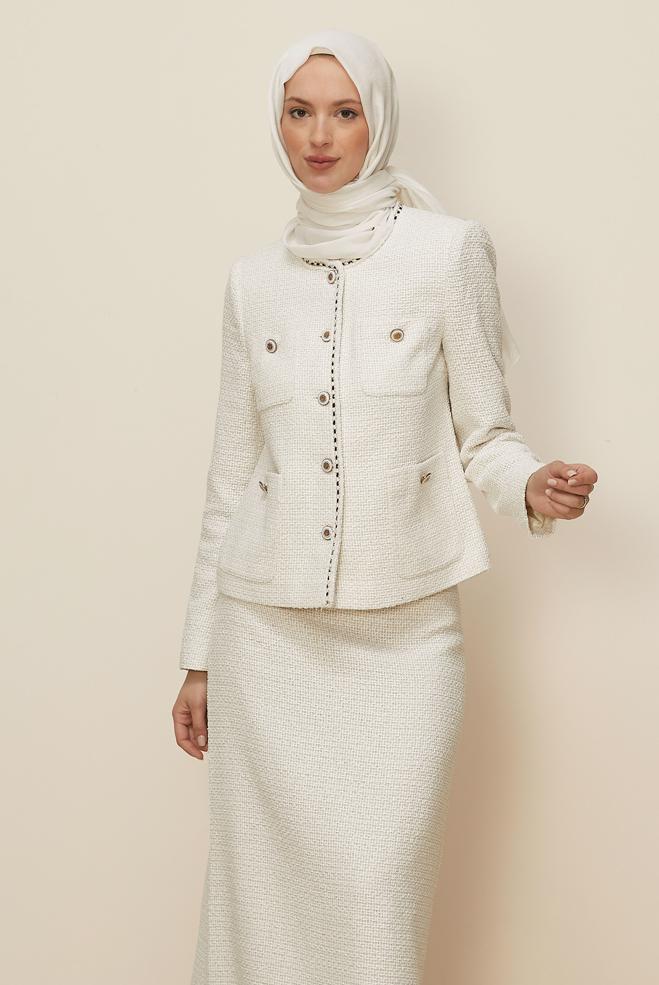 Tesettür giyim BEYAZ DÜĞMELİ ETEKLİ TAKIM 30506 - ALVİNA