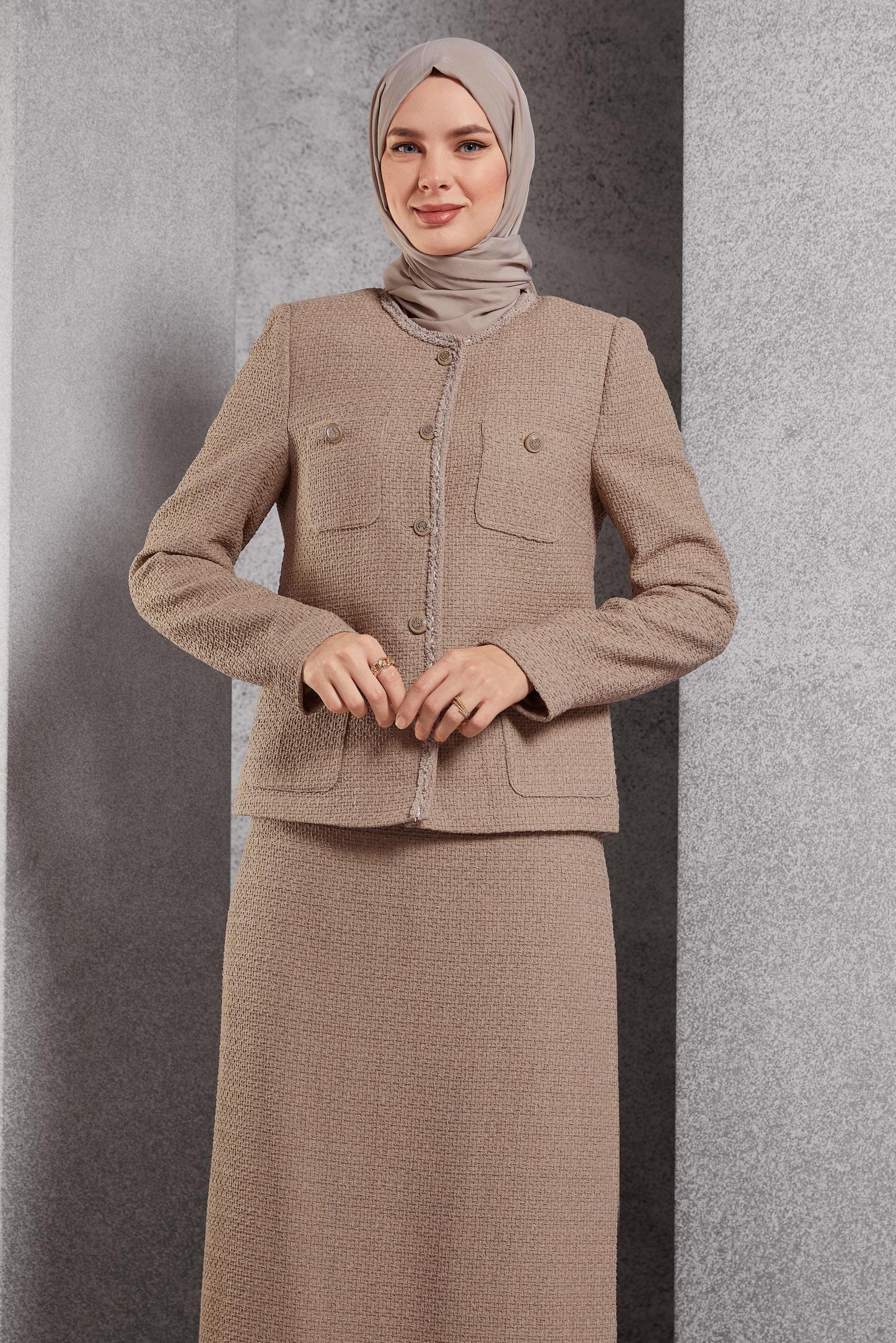 Tesettür giyim KAHVE DÜĞMELİ ETEKLİ TAKIM 30506