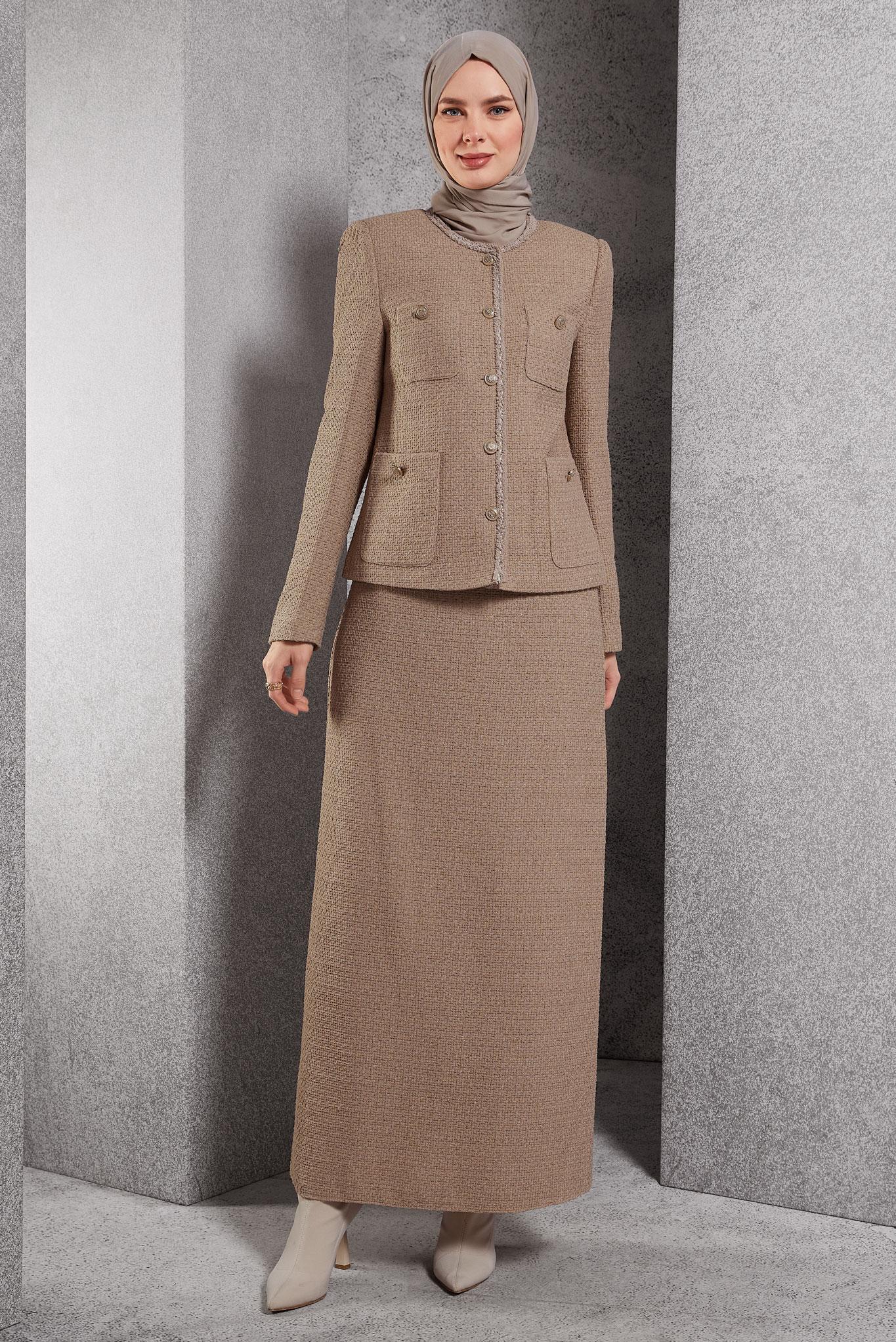 Tesettür giyim KAHVE DÜĞMELİ ETEKLİ TAKIM 30506