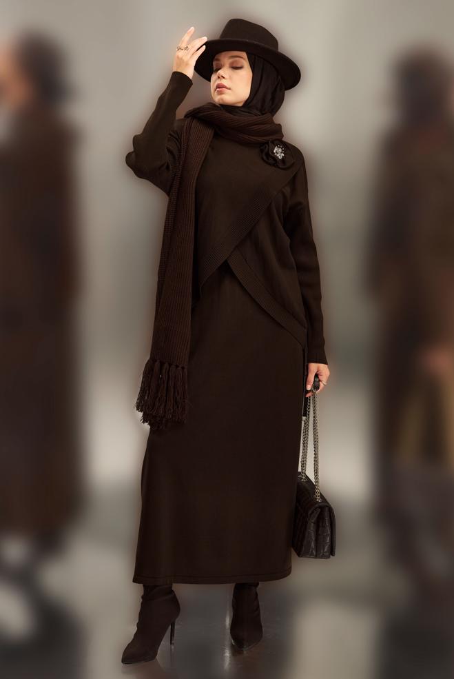 Vêtements hijab BRUN COSTUME À JUPE AVEC DÉTAILS DE BROCHE 44911 - ALVİNA