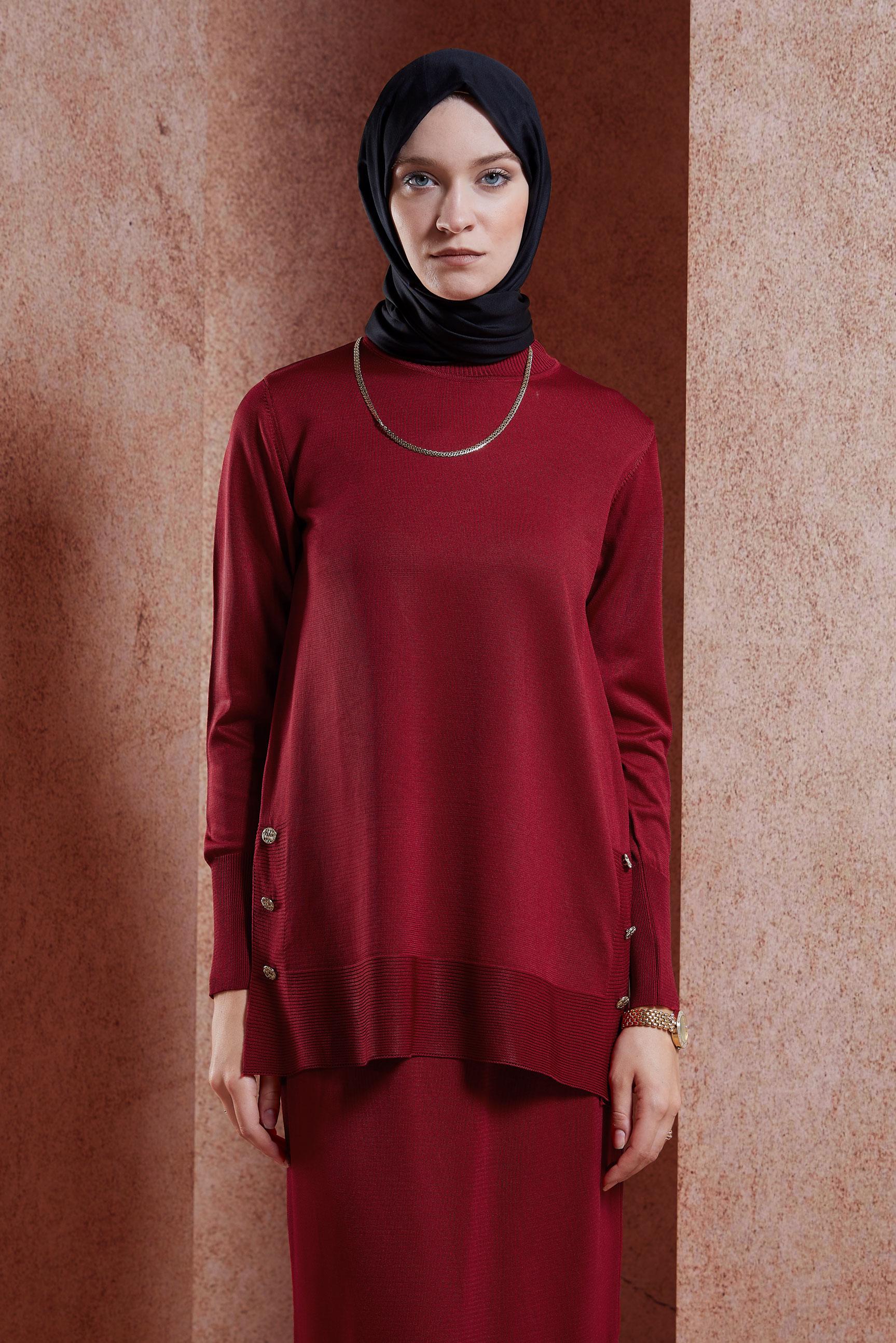 Hijab clothing RED SKIRTED KNITWEAR SUIT 44959