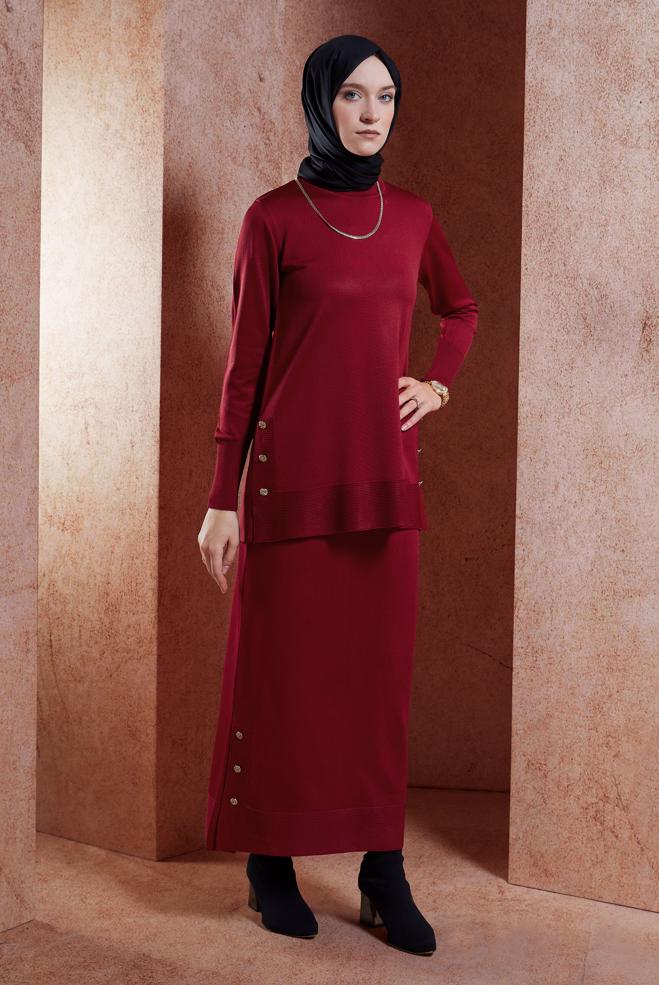 Vêtements hijab ROUGE COSTUME EN TRICOT À JUPE 44959 - ALVİNA