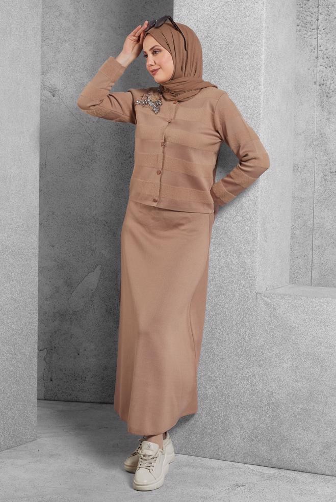 Vêtements hijab BRUN COSTUME JUPE AVEC BIJOU 44960 - ALVİNA