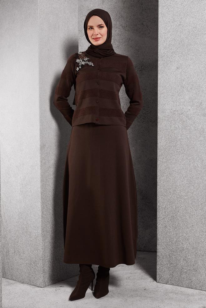 Vêtements hijab BRUN COSTUME JUPE AVEC BIJOU 44960 - ALVİNA