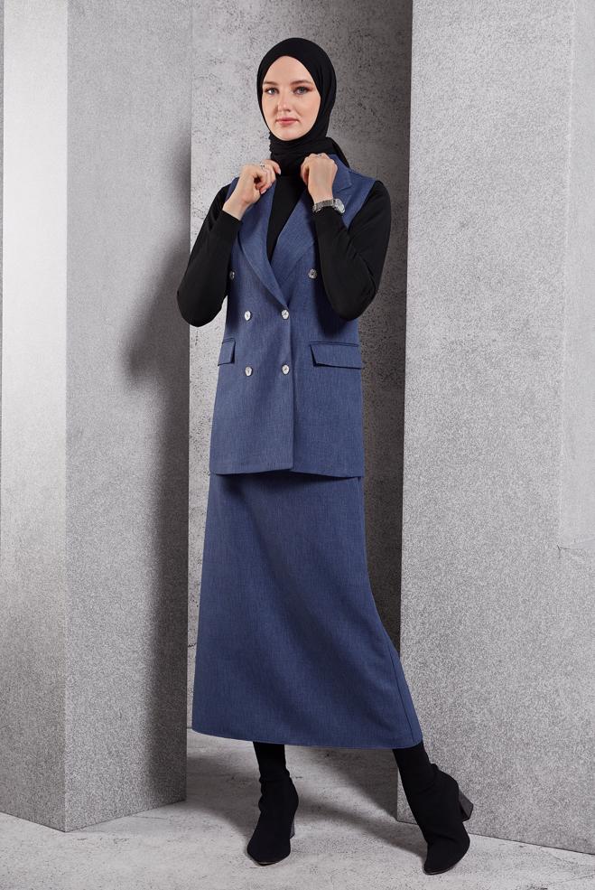 Vêtements hijab BLEU MARINE COSTUME JUPE AVEC GILET 45050 - ALVİNA