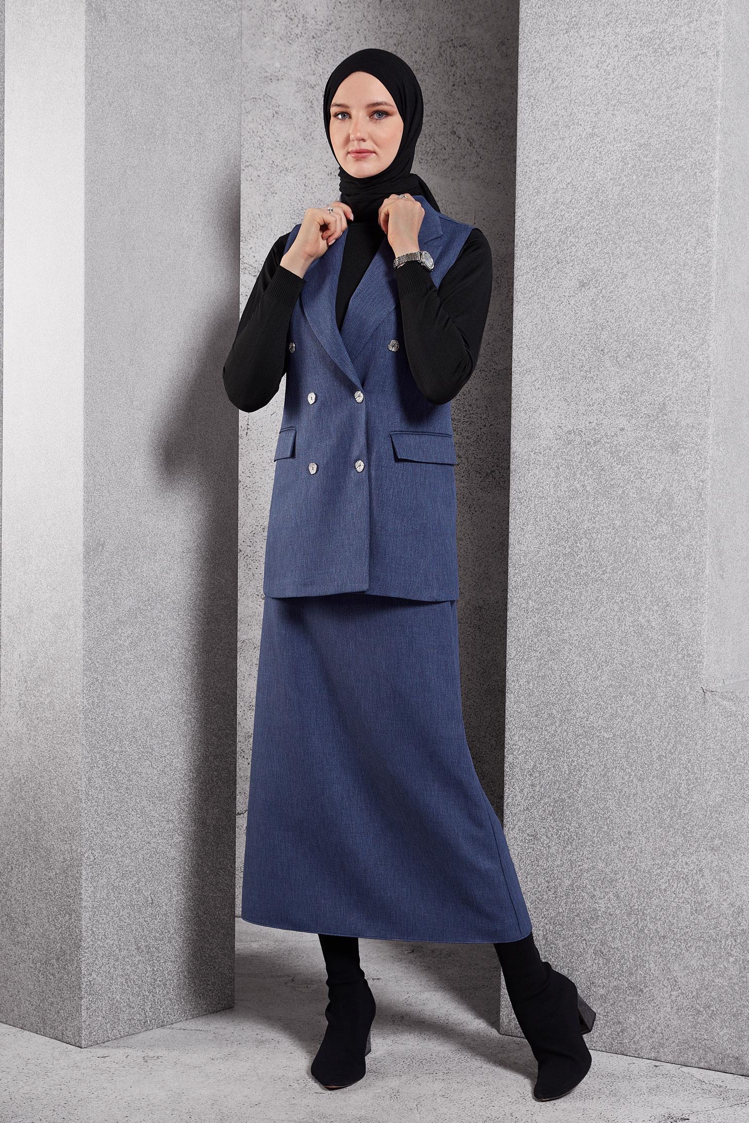 Vêtements hijab BLEU MARINE COSTUME JUPE AVEC GILET 45050