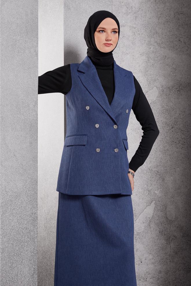 Vêtements hijab BLEU MARINE COSTUME JUPE AVEC GILET 45050 - ALVİNA