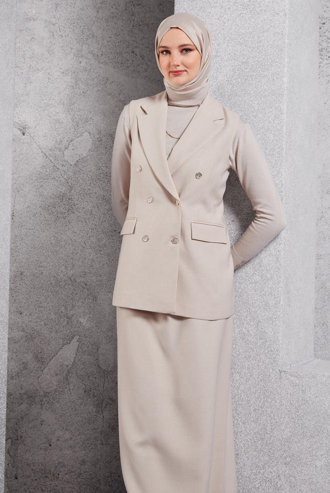 Vêtements hijab BEIGE COSTUME JUPE AVEC GILET 45050 - ALVİNA