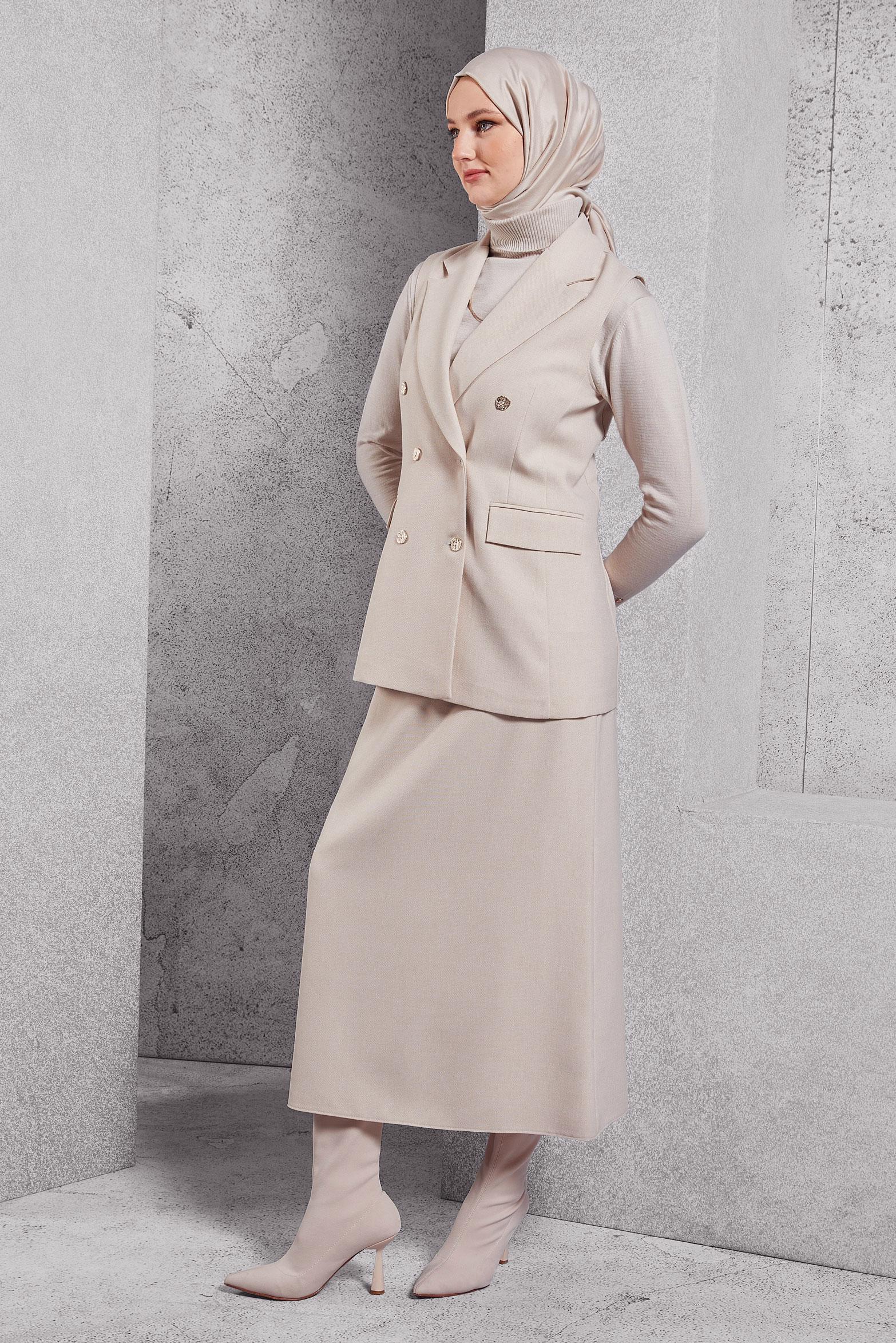 Vêtements hijab BEIGE COSTUME JUPE AVEC GILET 45050