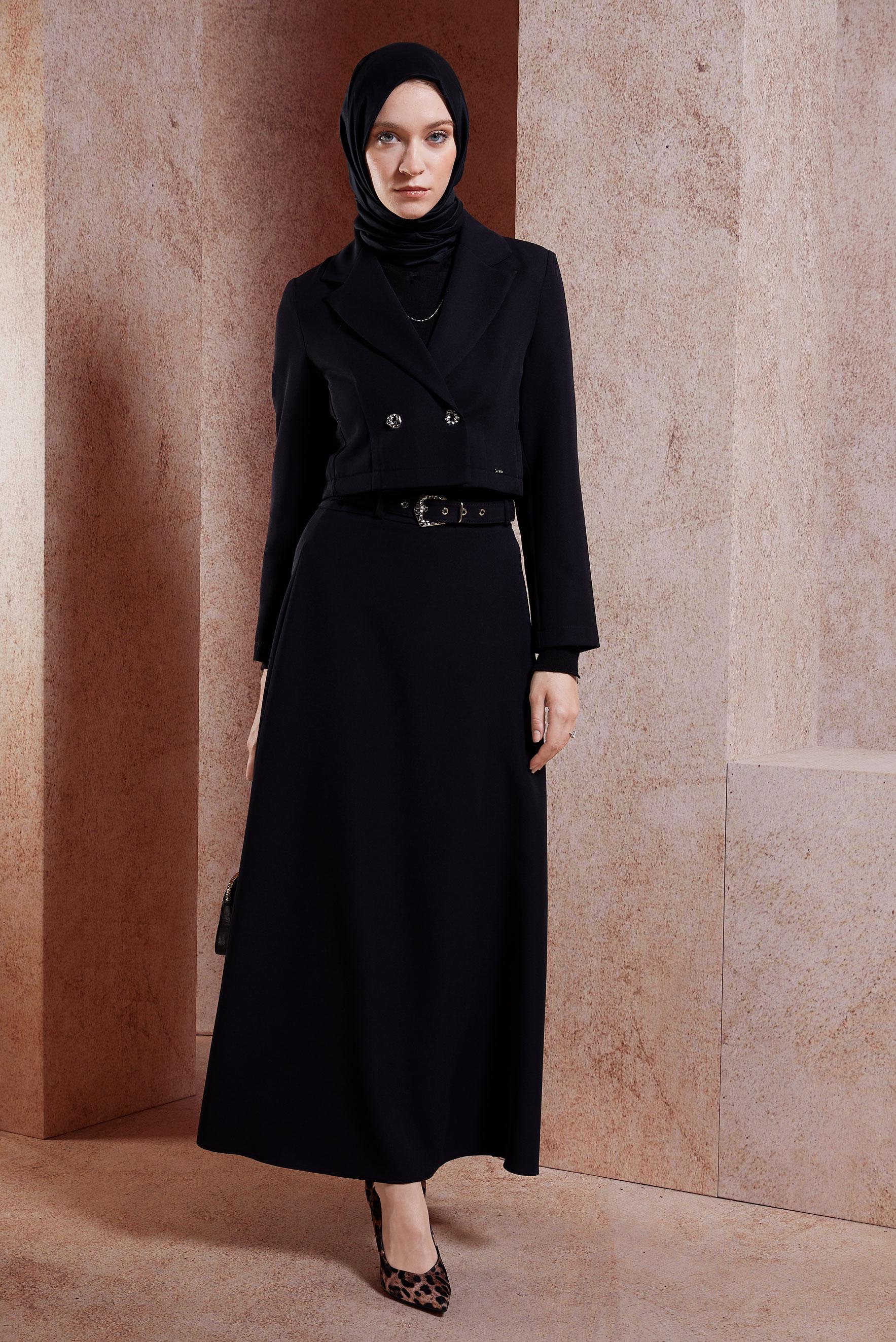 Vêtements hijab NOIR COSTUME À JUPE CEINTURÉE 45070