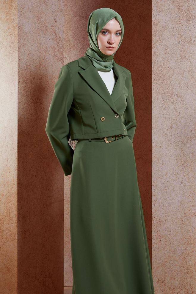 Vêtements hijab KAKI COSTUME À JUPE CEINTURÉE 45070 - ALVİNA