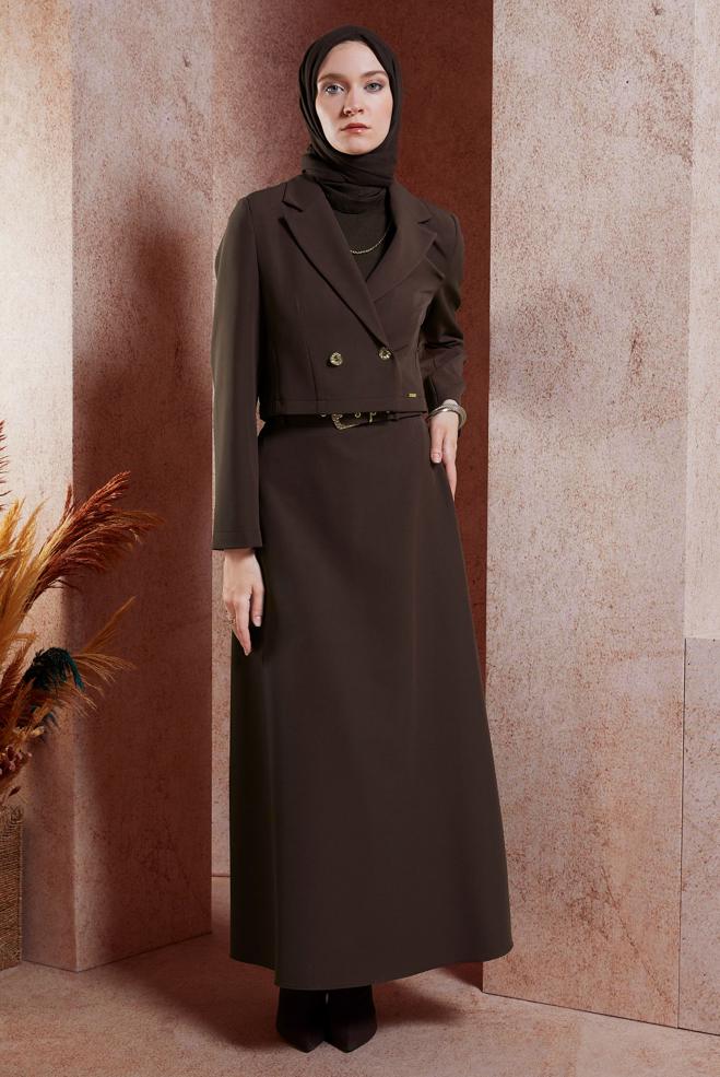 Vêtements hijab BRUN COSTUME À JUPE CEINTURÉE 45070 - ALVİNA