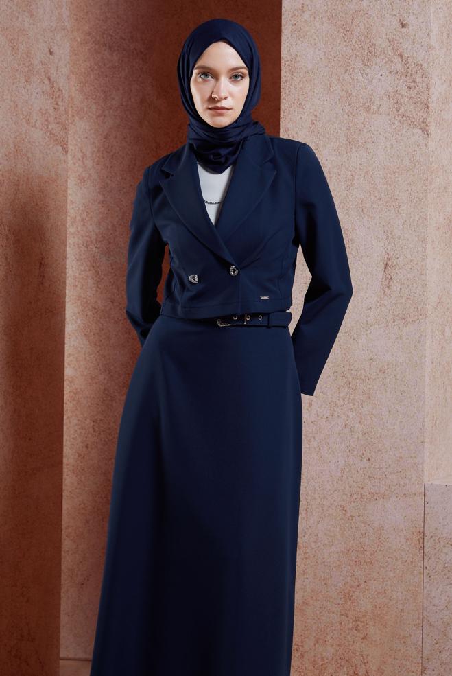 Vêtements hijab BLEU MARINE COSTUME À JUPE CEINTURÉE 45070 - ALVİNA