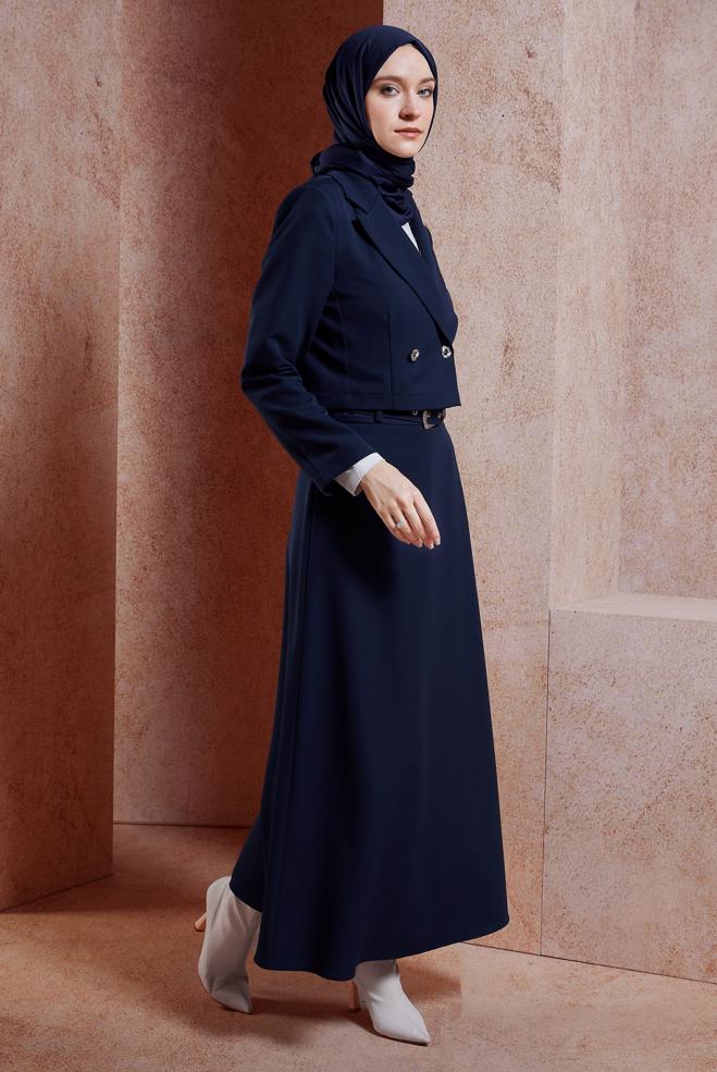Vêtements hijab BLEU MARINE COSTUME À JUPE CEINTURÉE 45070 - ALVİNA