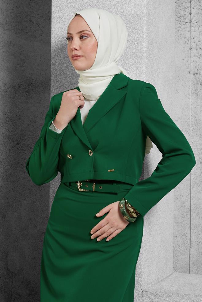 Vêtements hijab VERT COSTUME À JUPE CEINTURÉE 45070 - ALVİNA