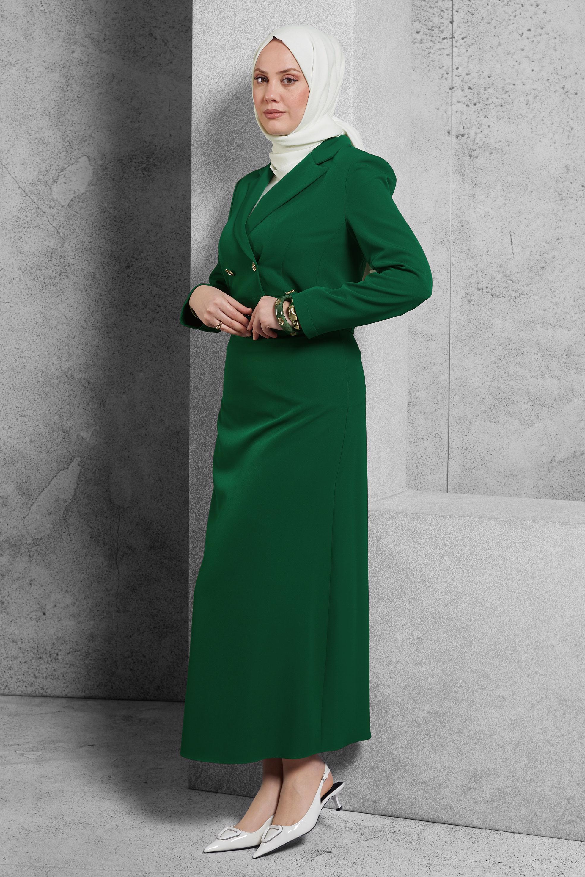Tesettür giyim YEŞİL KEMERLİ ETEKLİ TAKIM 45070
