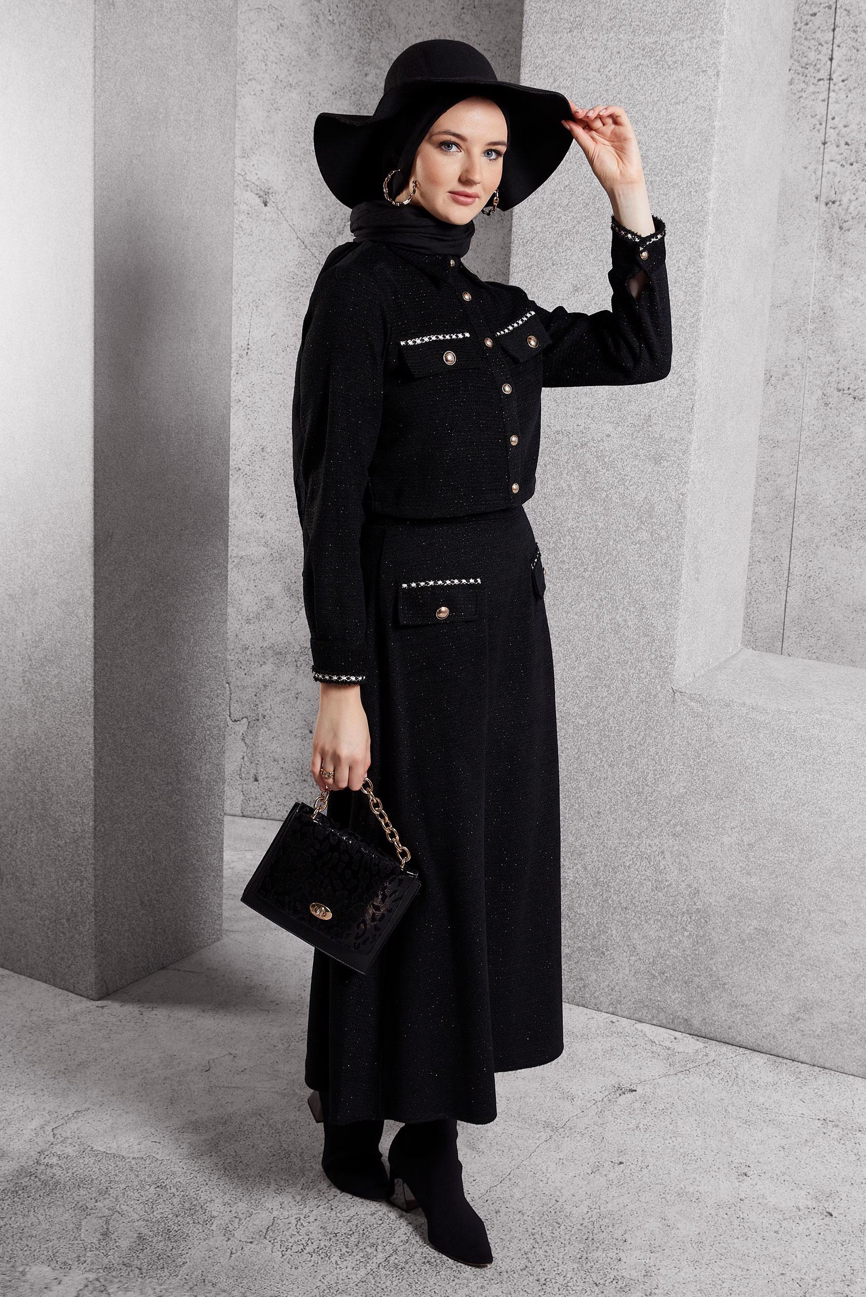 Tesettür giyim SİYAH DÜĞMELİ ETEKLİ TAKIM 45124